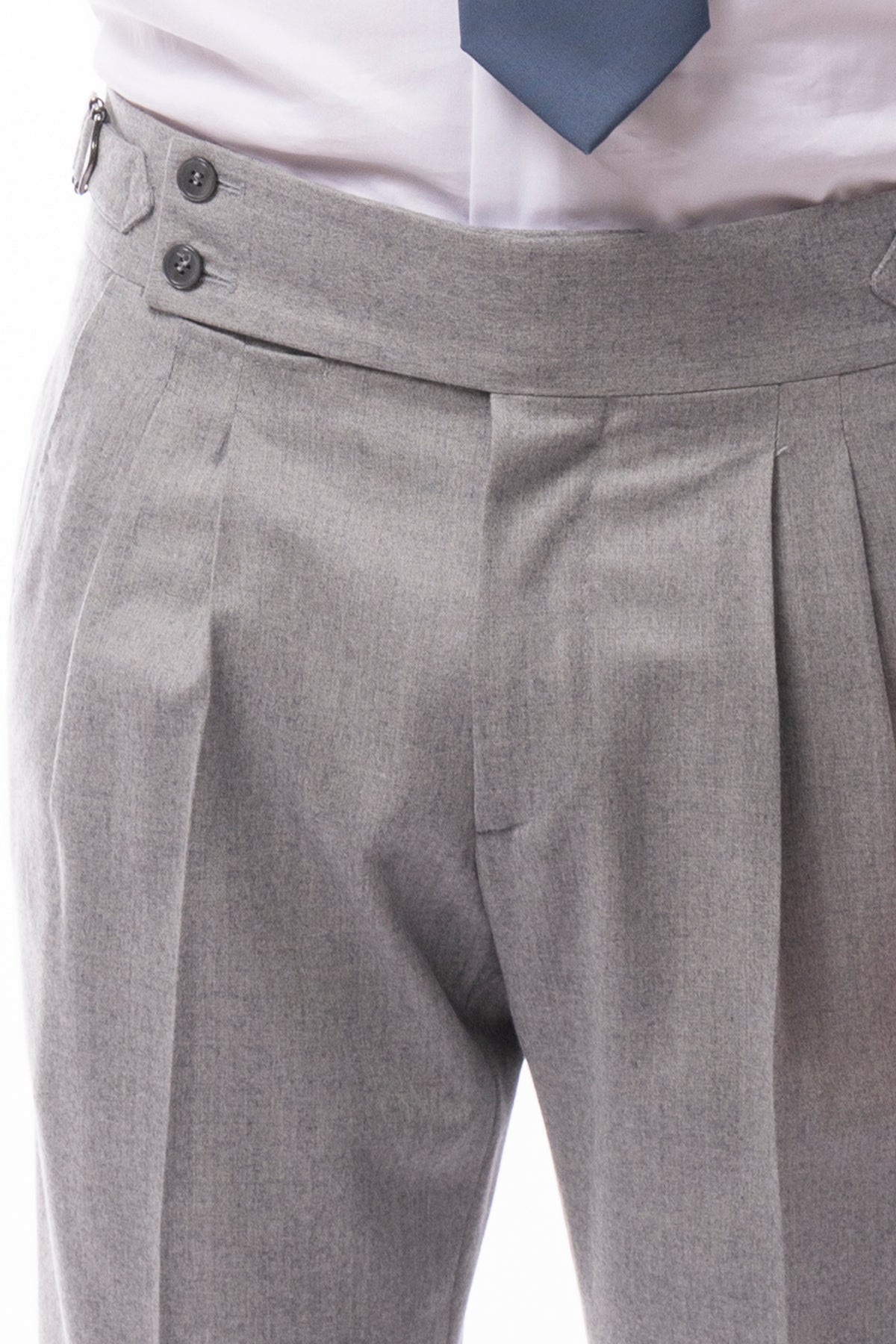 Pantalone uomo grigio chiaro vita alta con fibbie laterali in lana 100% Vitale Barberis Canonico tasca america risvolto 5cm