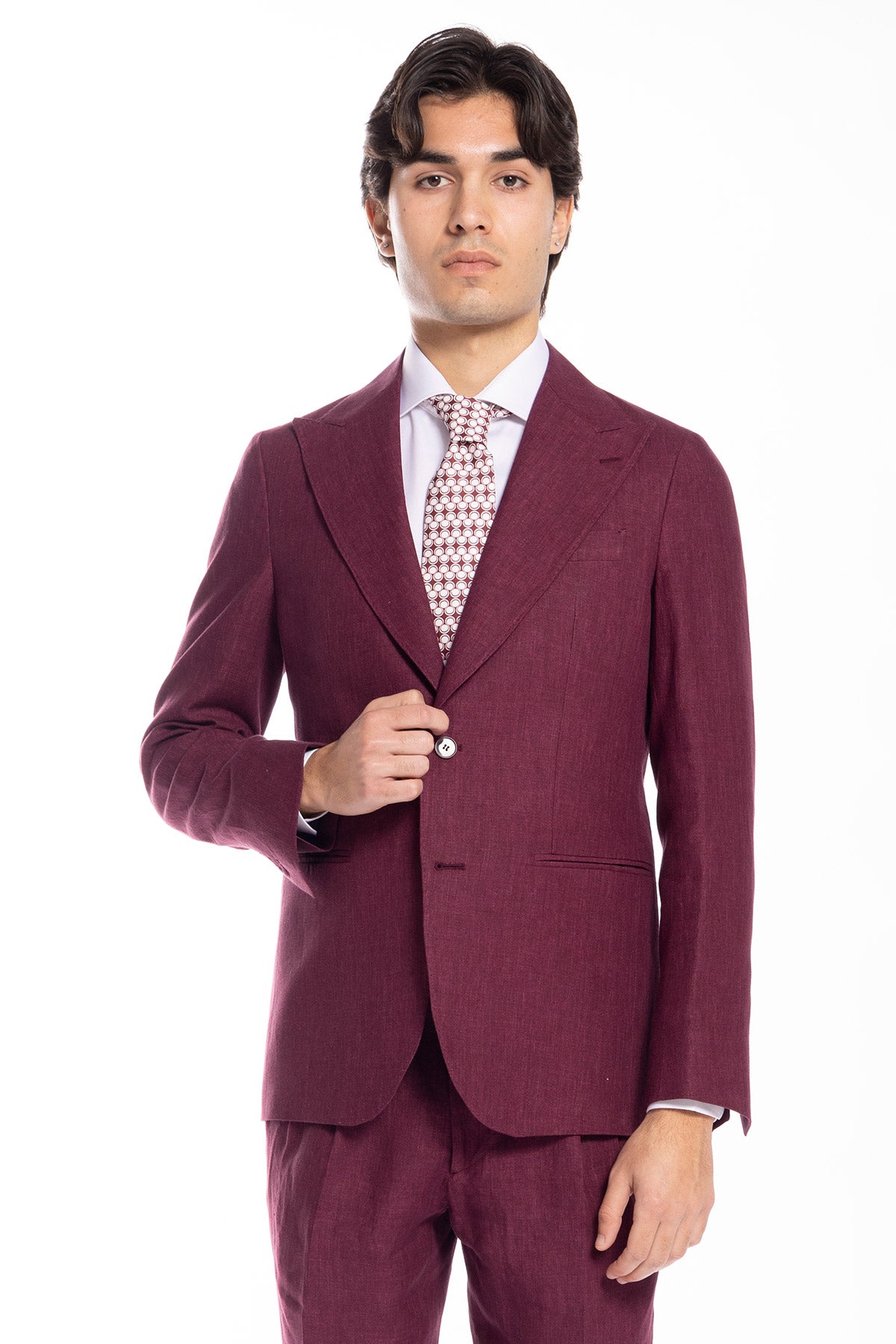 Giacca uomo monopetto bordeaux 100% lino Bristol Tessuti Napoli rever a lancia