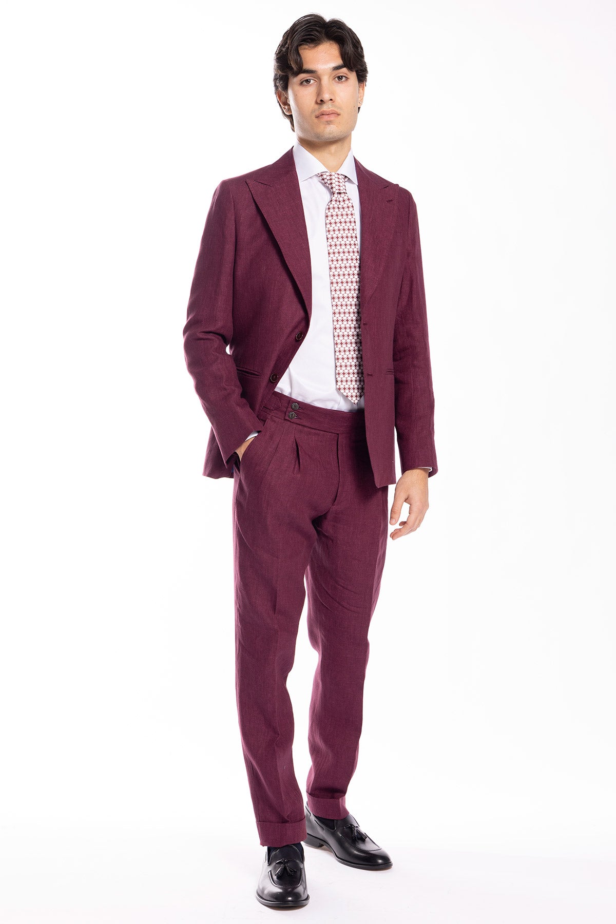 Giacca uomo monopetto bordeaux 100% lino Bristol Tessuti Napoli rever a lancia