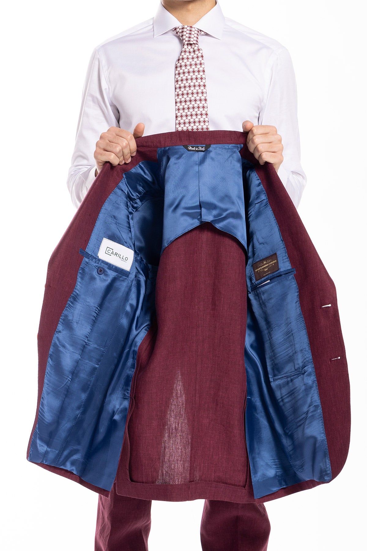 Giacca uomo monopetto bordeaux 100% lino Bristol Tessuti Napoli rever a lancia