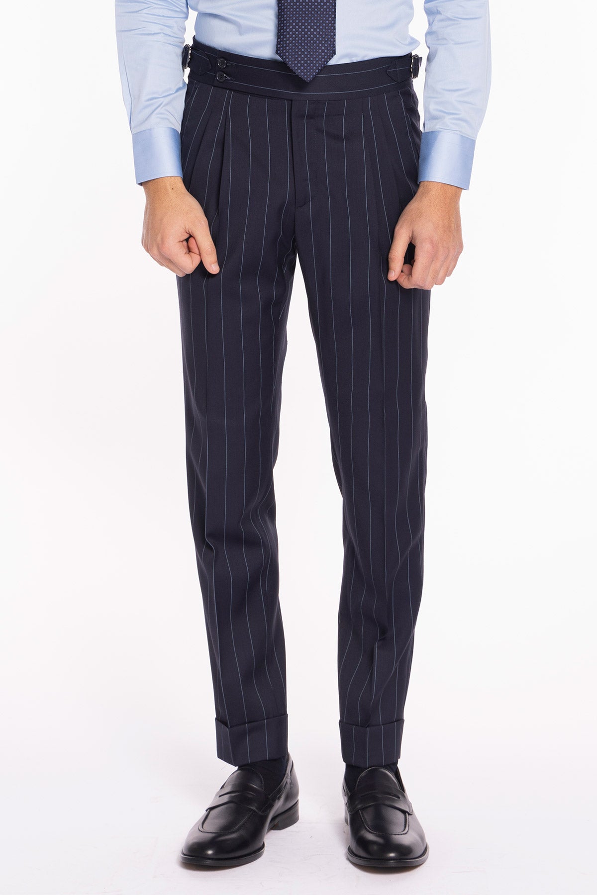 Pantalone uomo blu gessato celeste in fresco lana super 130's Bristol tessuti Napoli vita alta con fibbie laterali