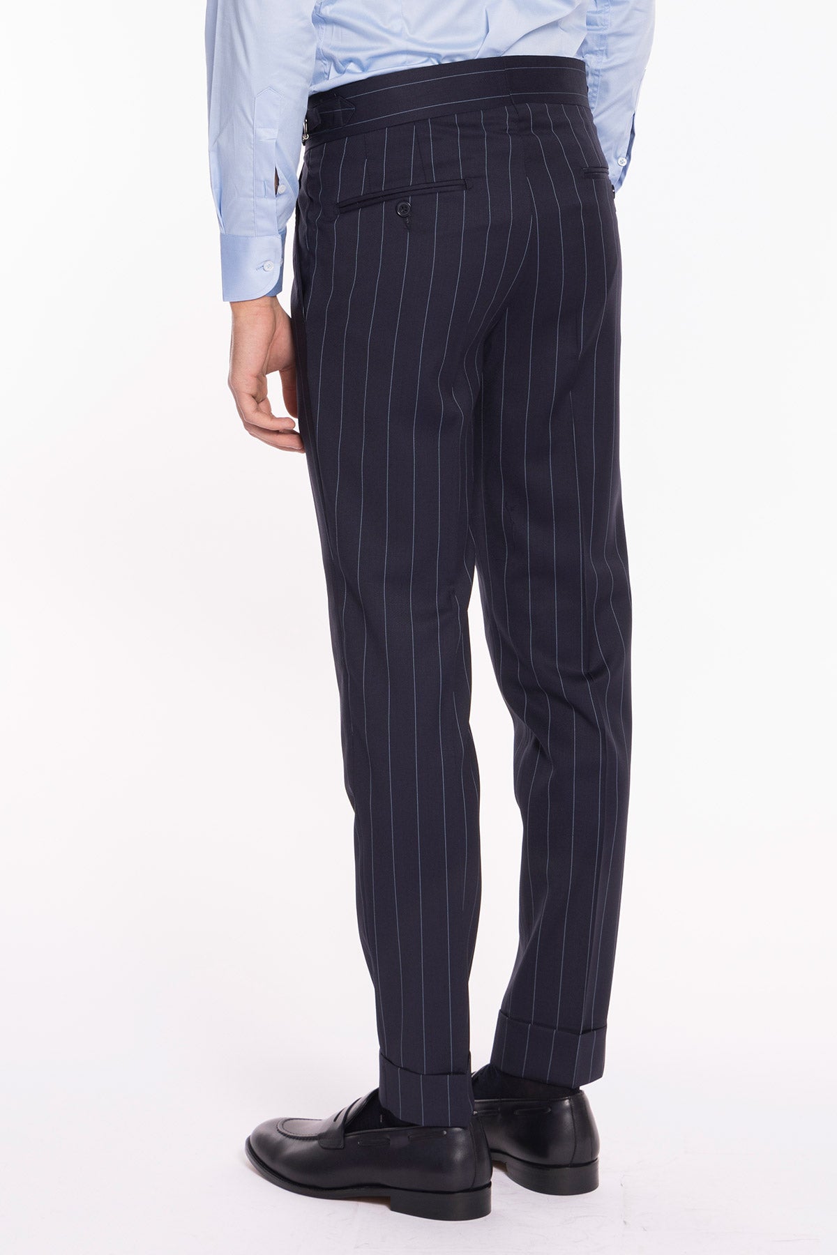 Pantalone uomo blu gessato celeste in fresco lana super 130's Bristol tessuti Napoli vita alta con fibbie laterali