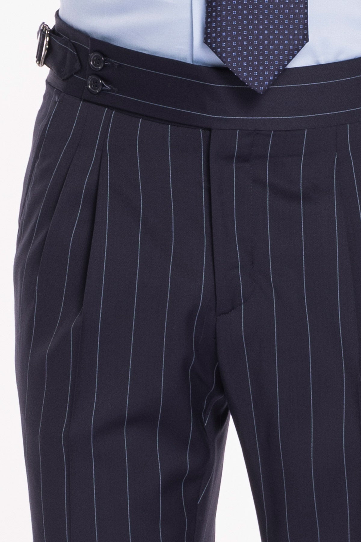 Pantalone uomo blu gessato celeste in fresco lana super 130's Bristol tessuti Napoli vita alta con fibbie laterali