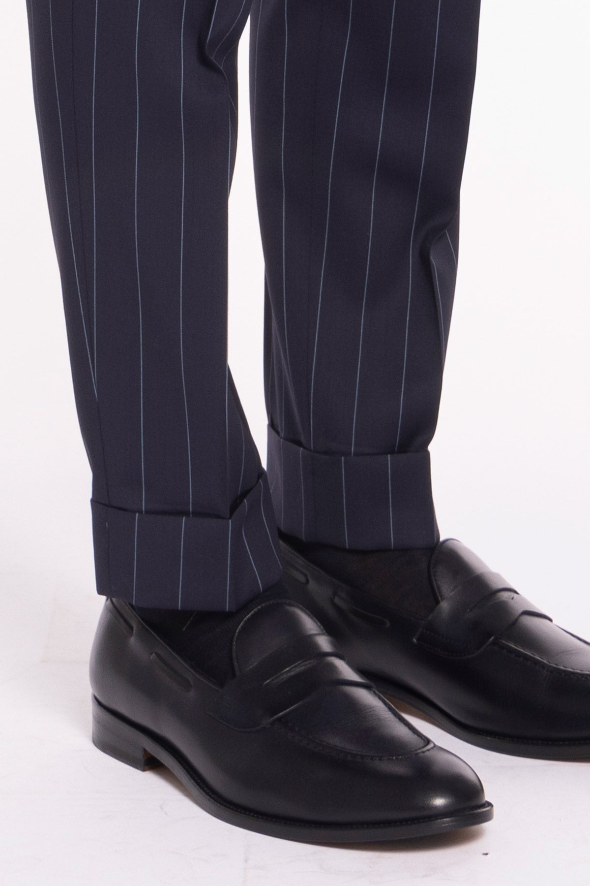 Pantalone uomo blu gessato celeste in fresco lana super 130's Bristol tessuti Napoli vita alta con fibbie laterali