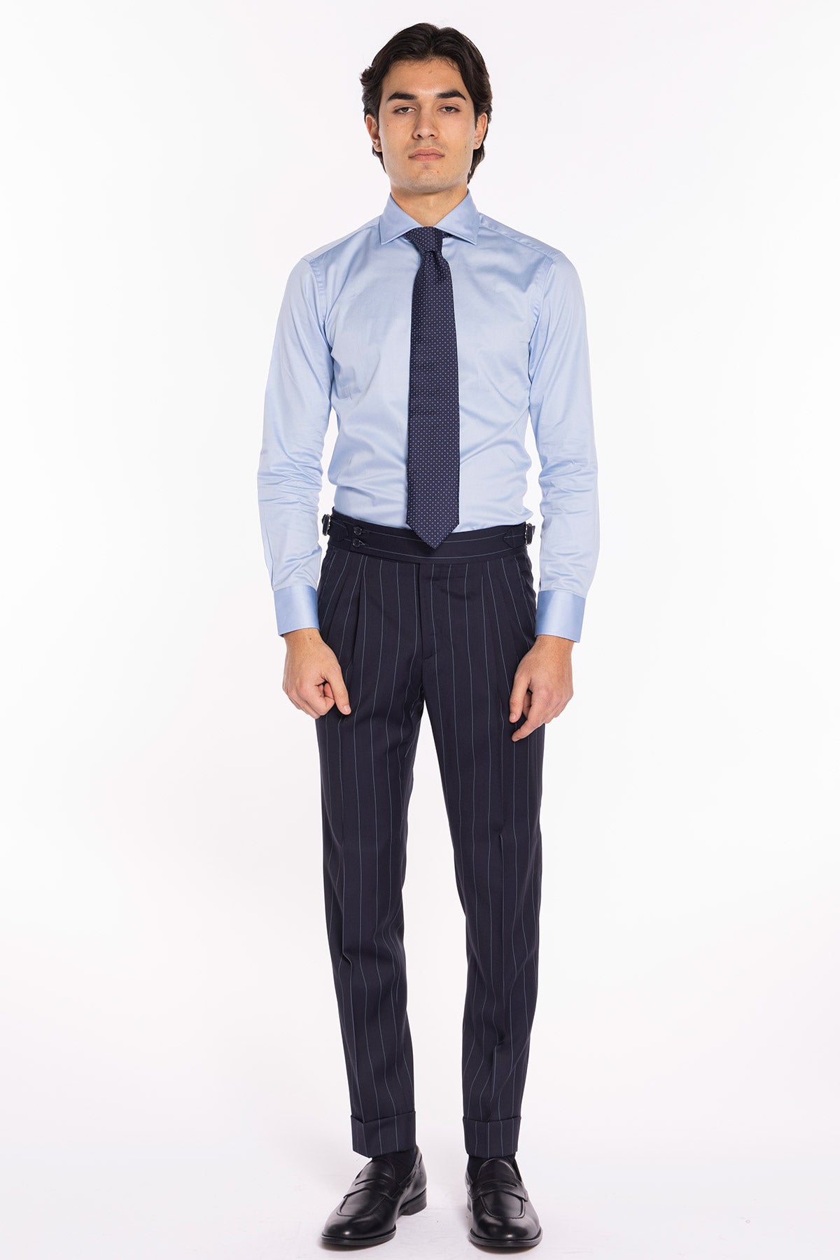 Pantalone uomo blu gessato celeste in fresco lana super 130's Bristol tessuti Napoli vita alta con fibbie laterali