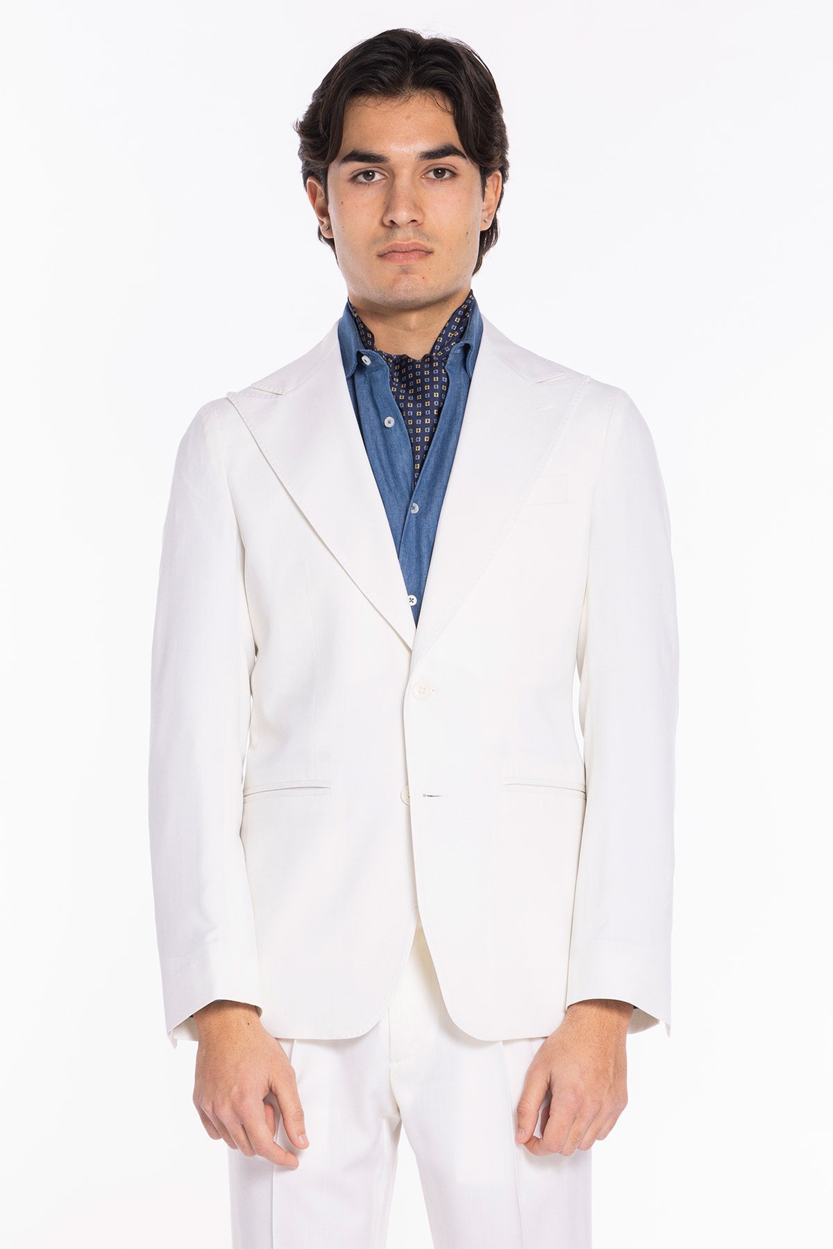Giacca uomo monopetto bianca in fresco lana super 130's Bristol Tessuti Napoli con rever a lancia largo tasche a filo