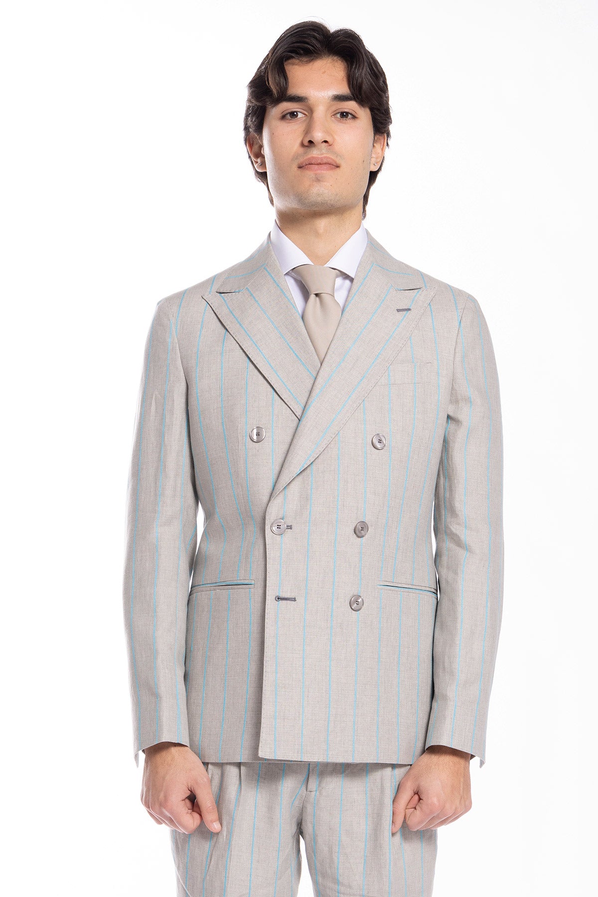 Giacca uomo doppiopetto beige gessata con riga azzurra 100% lino Bristol Tessuti Napoli rever a lancia
