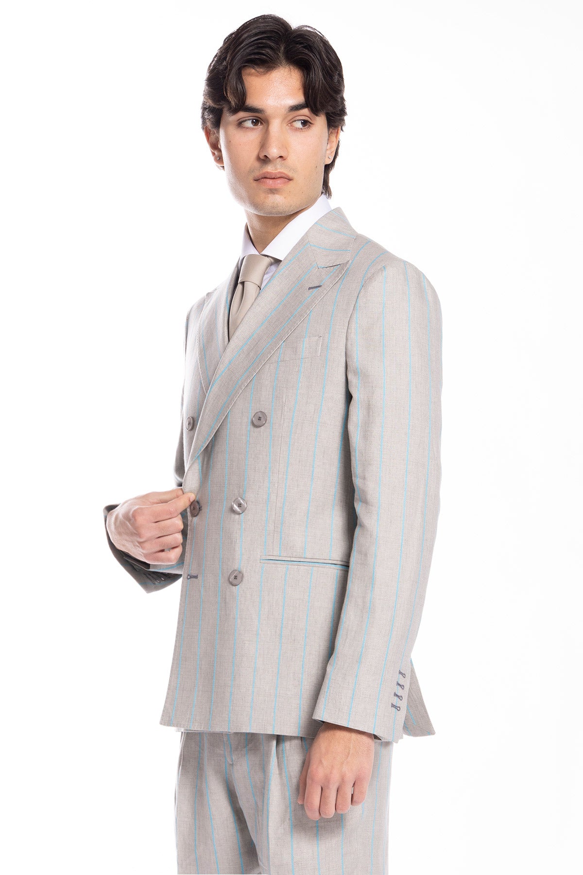 Giacca uomo doppiopetto beige gessata con riga azzurra 100% lino Bristol Tessuti Napoli rever a lancia
