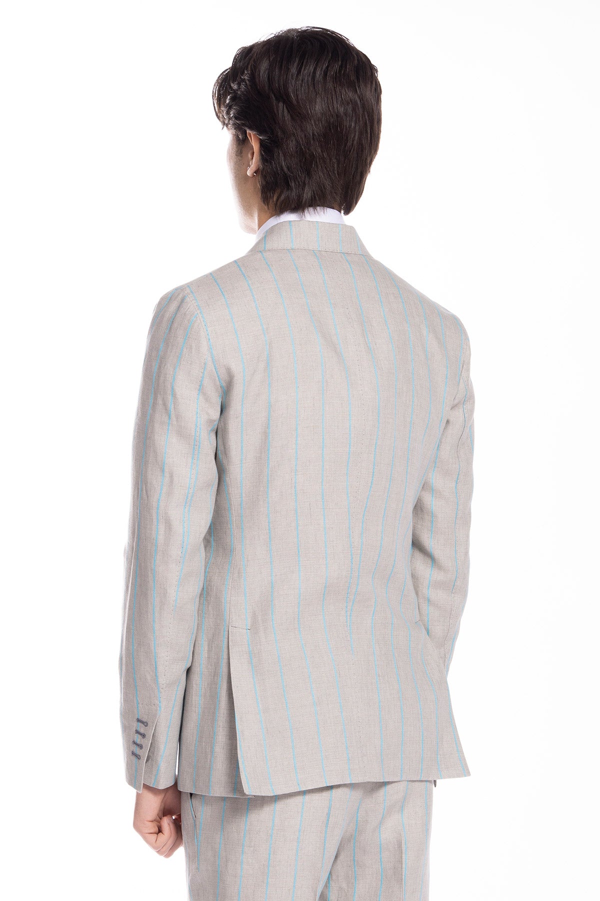 Giacca uomo doppiopetto beige gessata con riga azzurra 100% lino Bristol Tessuti Napoli rever a lancia
