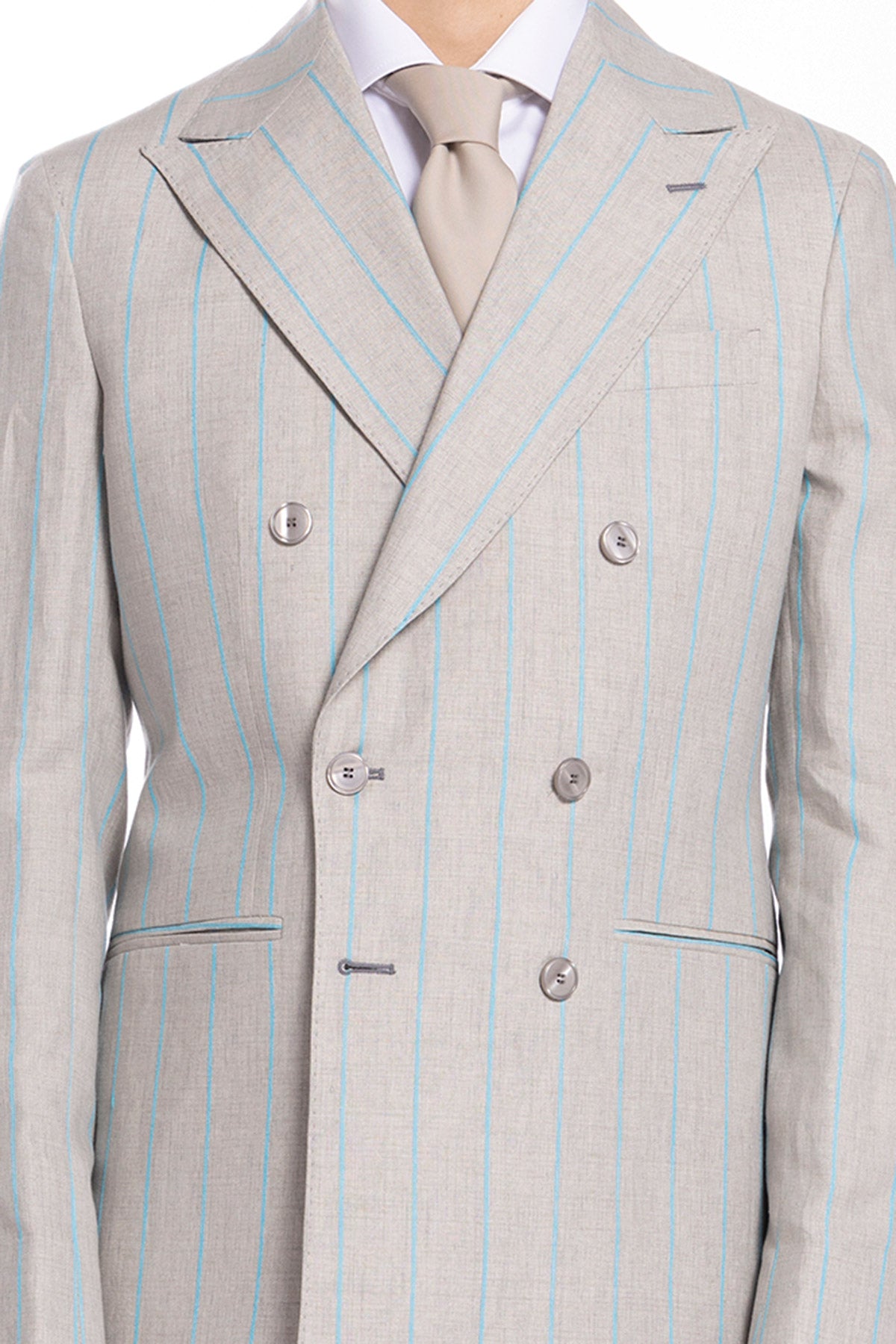 Giacca uomo doppiopetto beige gessata con riga azzurra 100% lino Bristol Tessuti Napoli rever a lancia