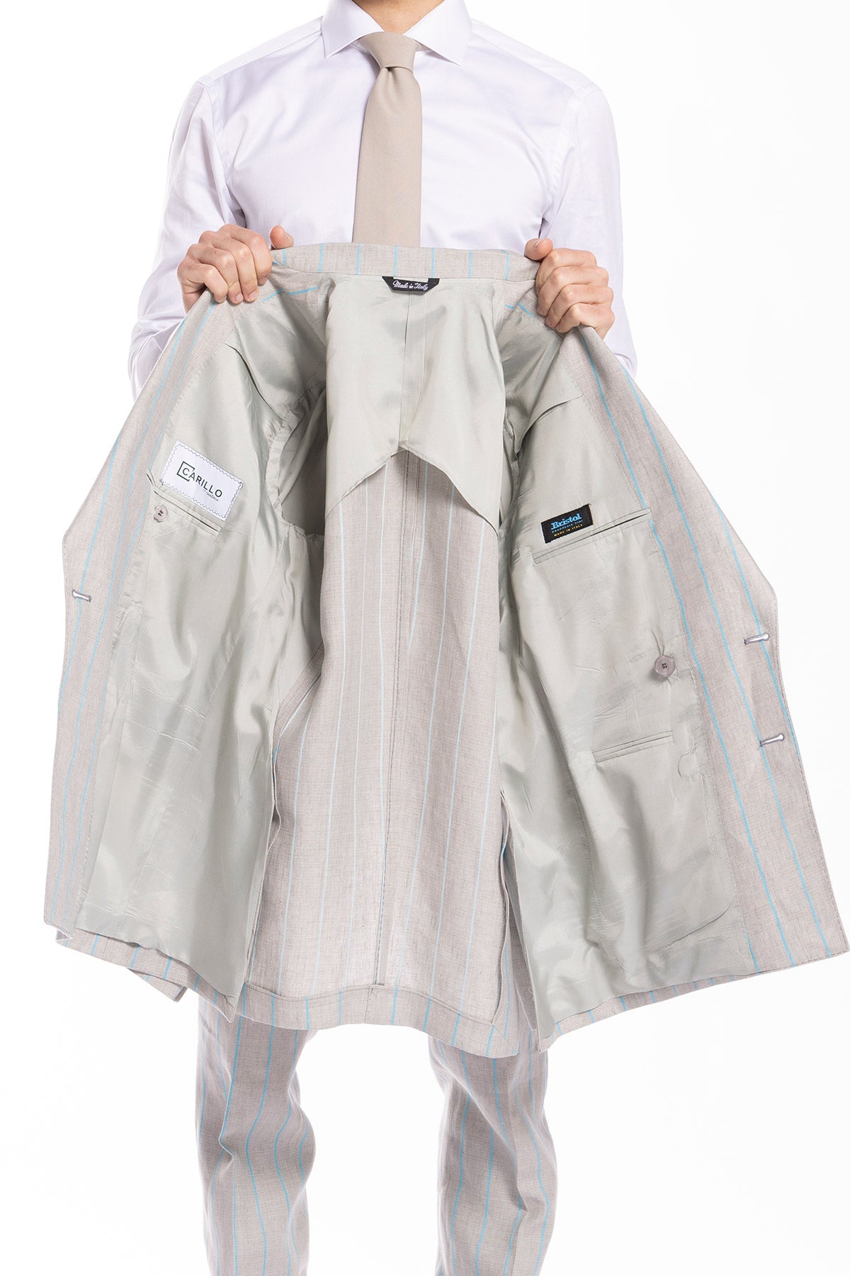 Giacca uomo doppiopetto beige gessata con riga azzurra 100% lino Bristol Tessuti Napoli rever a lancia