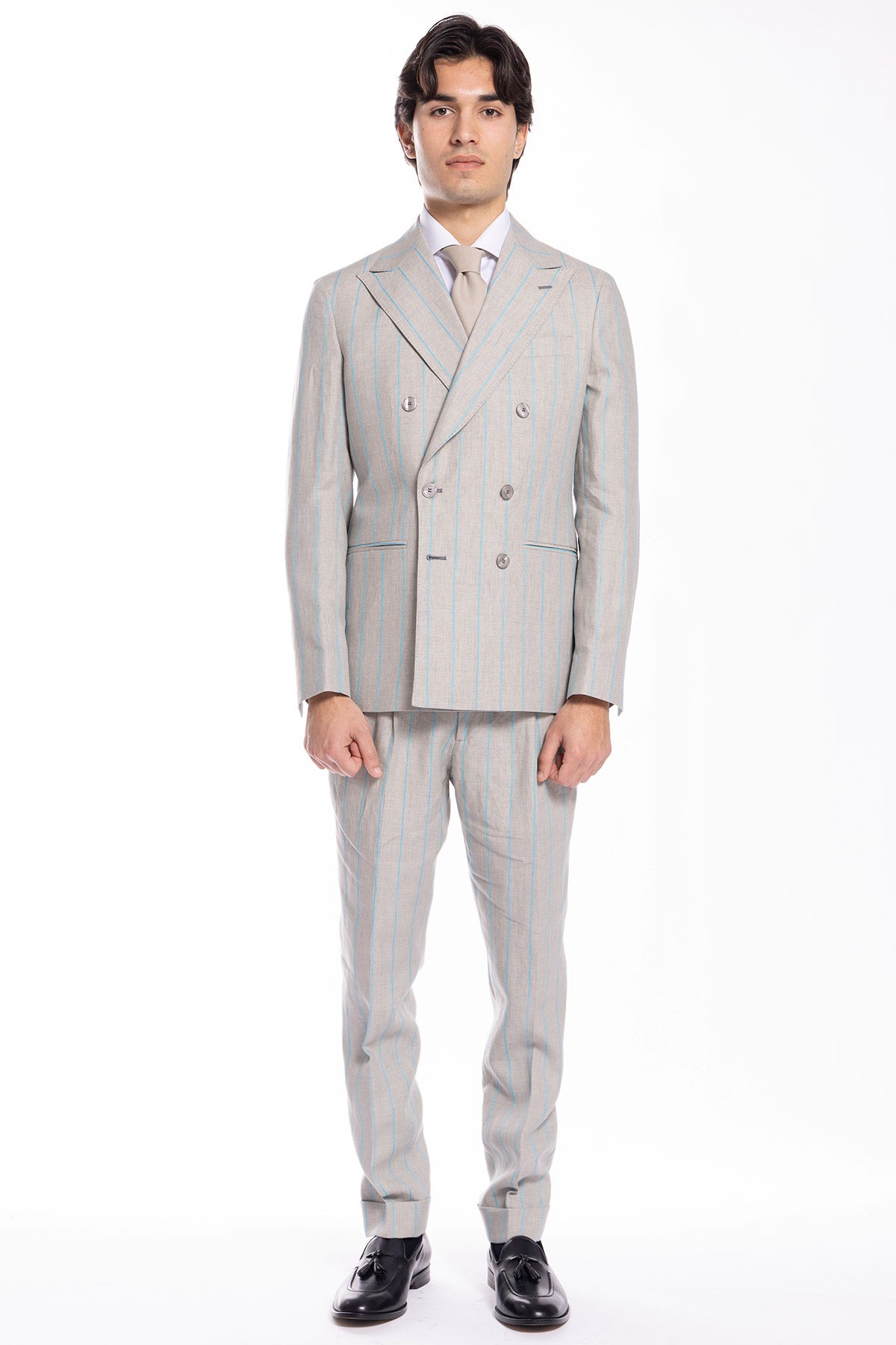 Giacca uomo doppiopetto beige gessata con riga azzurra 100% lino Bristol Tessuti Napoli rever a lancia