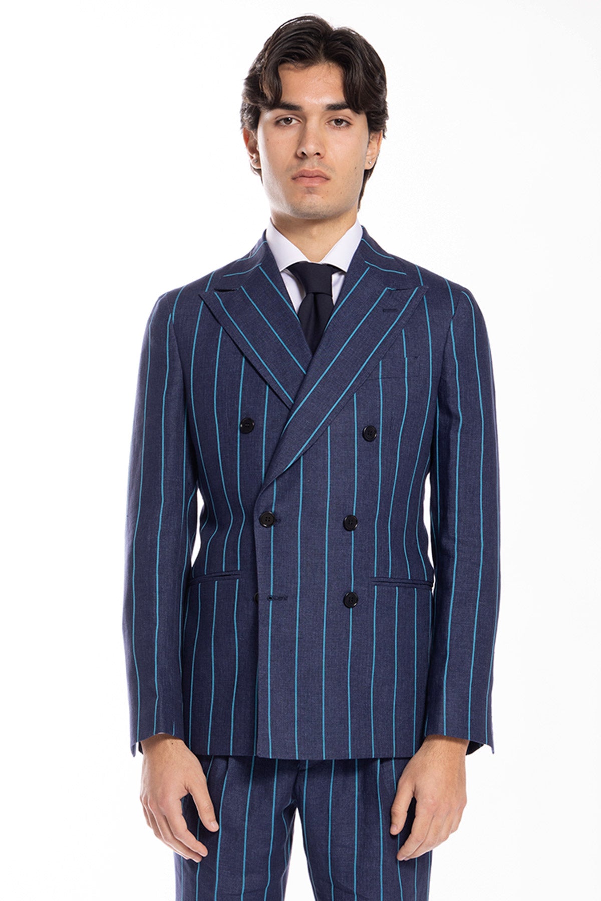 Giacca uomo doppiopetto blu denim gessata con riga azzurra 100% lino Bristol Tessuti Napoli rever a lancia