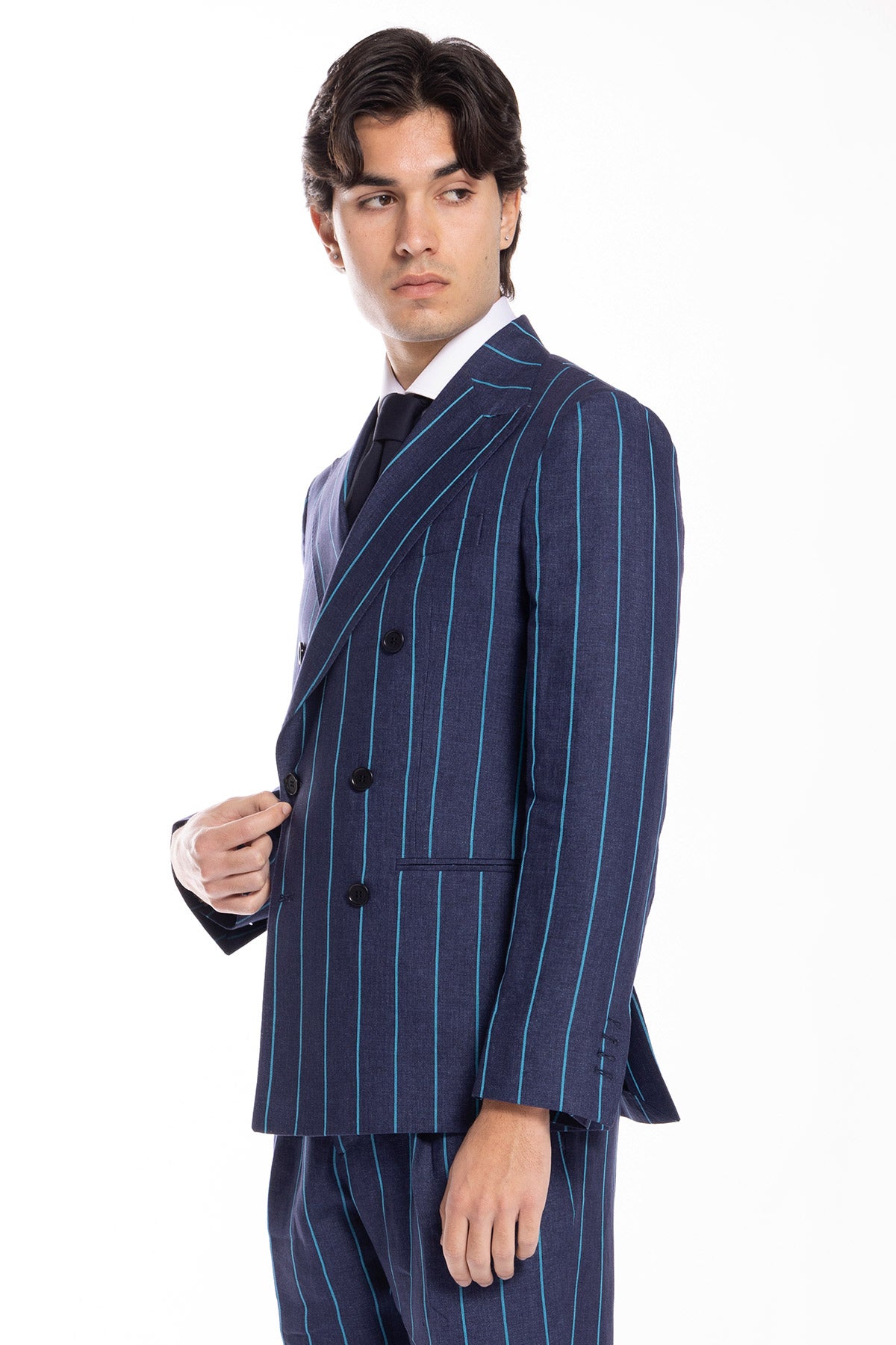 Giacca uomo doppiopetto blu denim gessata con riga azzurra 100% lino Bristol Tessuti Napoli rever a lancia