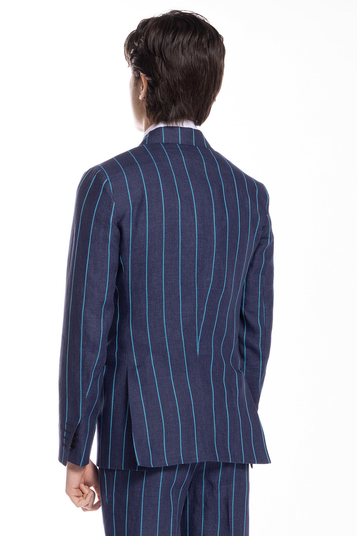 Giacca uomo doppiopetto blu denim gessata con riga azzurra 100% lino Bristol Tessuti Napoli rever a lancia
