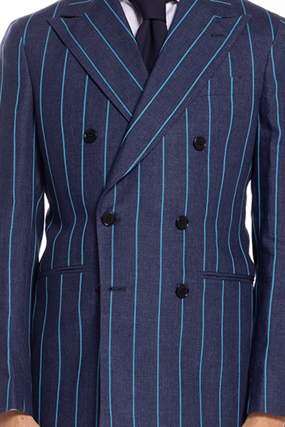 Giacca uomo doppiopetto blu denim gessata con riga azzurra 100% lino Bristol Tessuti Napoli rever a lancia