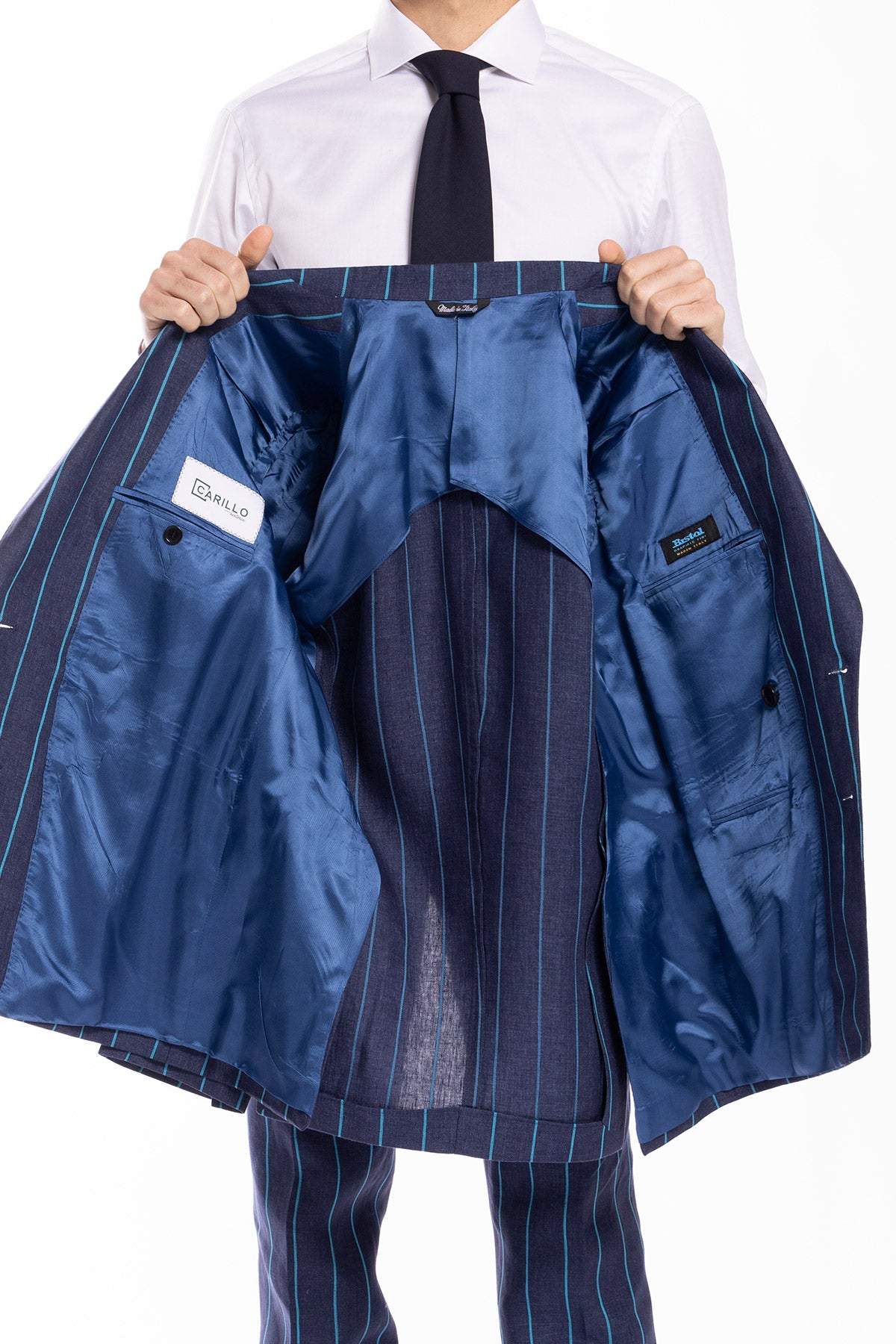 Giacca uomo doppiopetto blu denim gessata con riga azzurra 100% lino Bristol Tessuti Napoli rever a lancia
