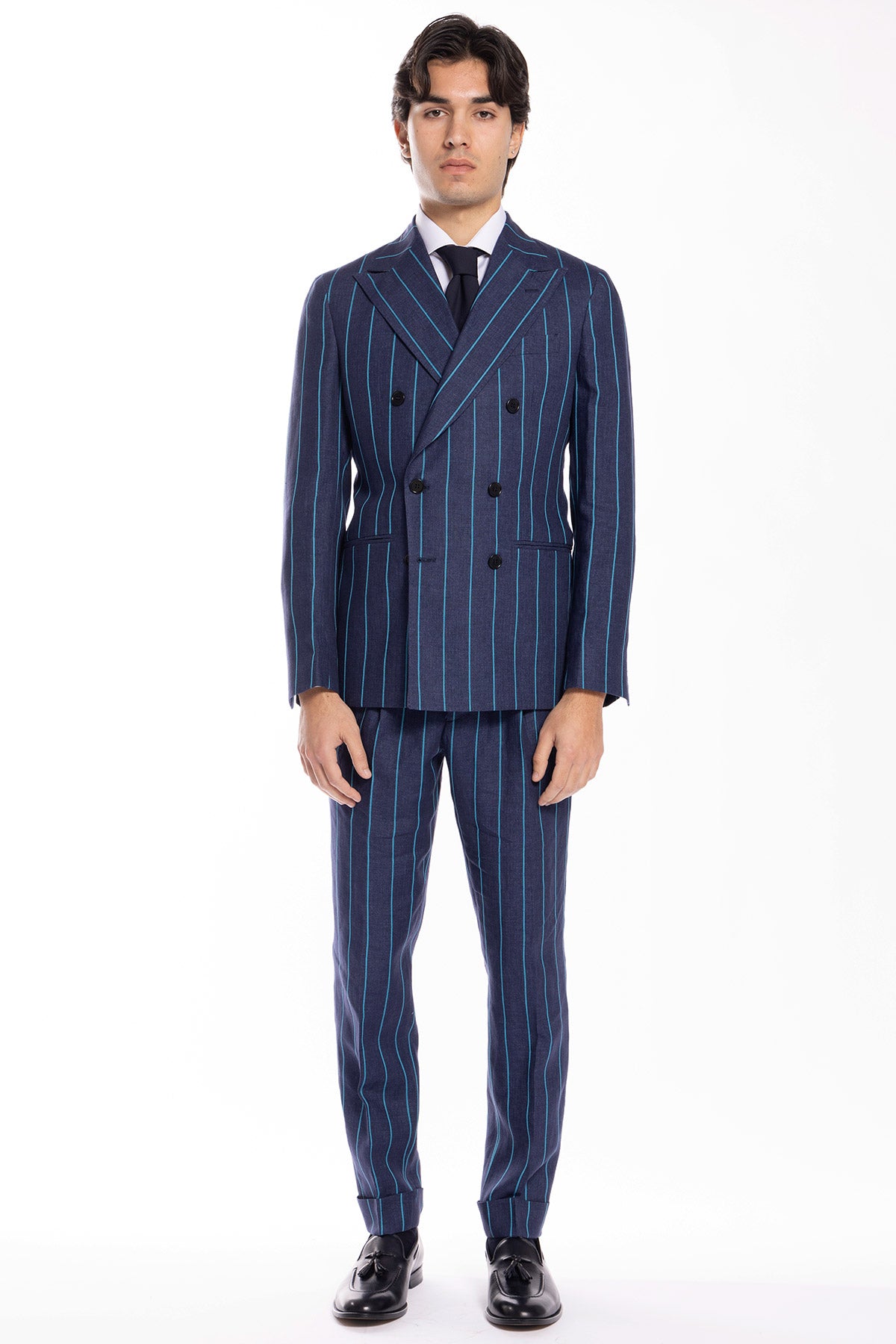 Giacca uomo doppiopetto blu denim gessata con riga azzurra 100% lino Bristol Tessuti Napoli rever a lancia