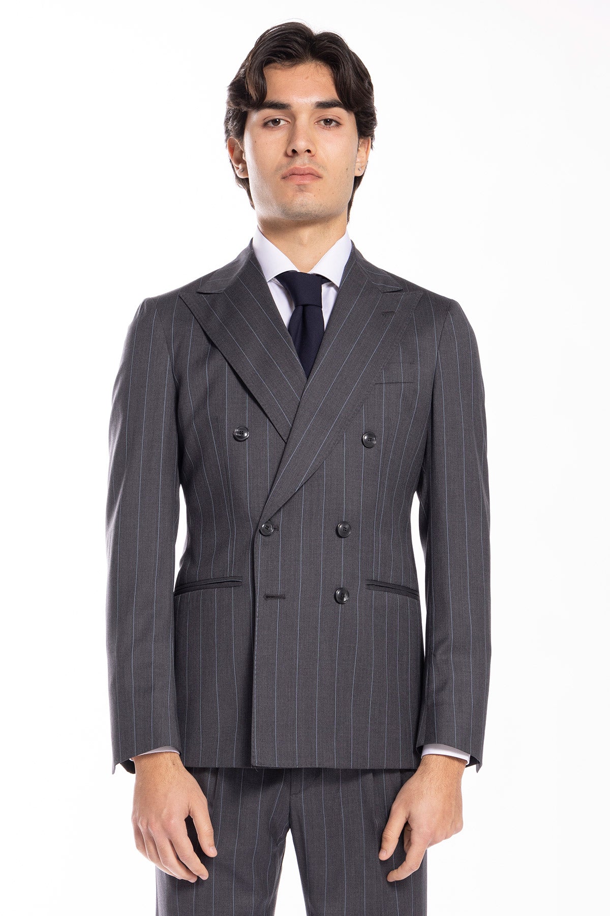 Giacca uomo doppiopetto grigia gessata con riga celeste fresco lana super 130's Bristol Tessuti Napoli rever a lancia