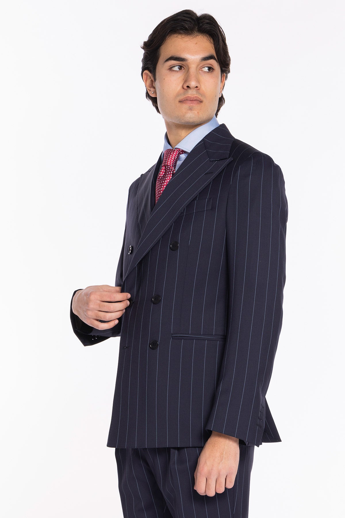 Giacca uomo doppiopetto blu gessata celeste fresco lana super 130's Bristol Tessuti Napoli rever a lancia