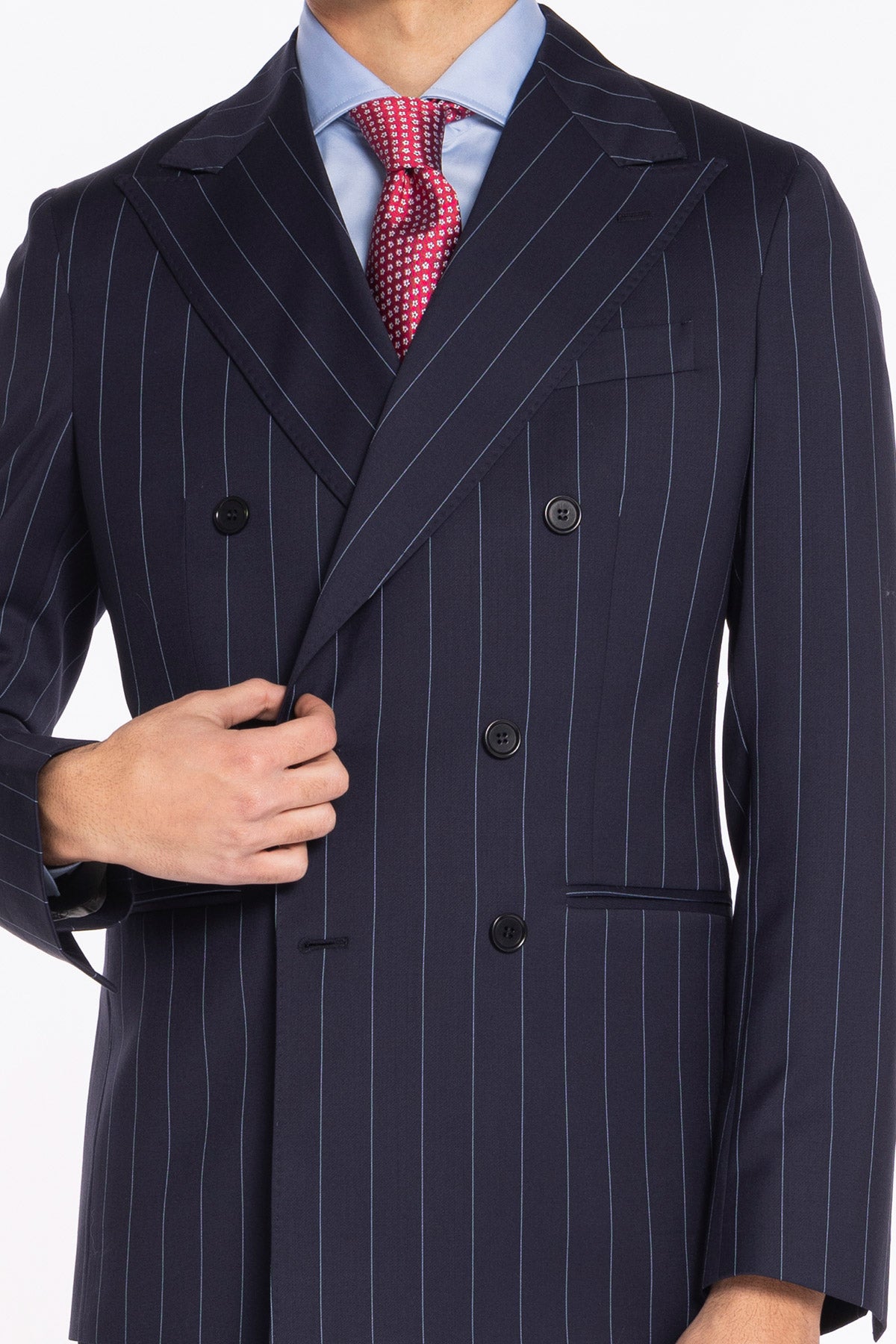 Giacca uomo doppiopetto blu gessata celeste fresco lana super 130's Bristol Tessuti Napoli rever a lancia