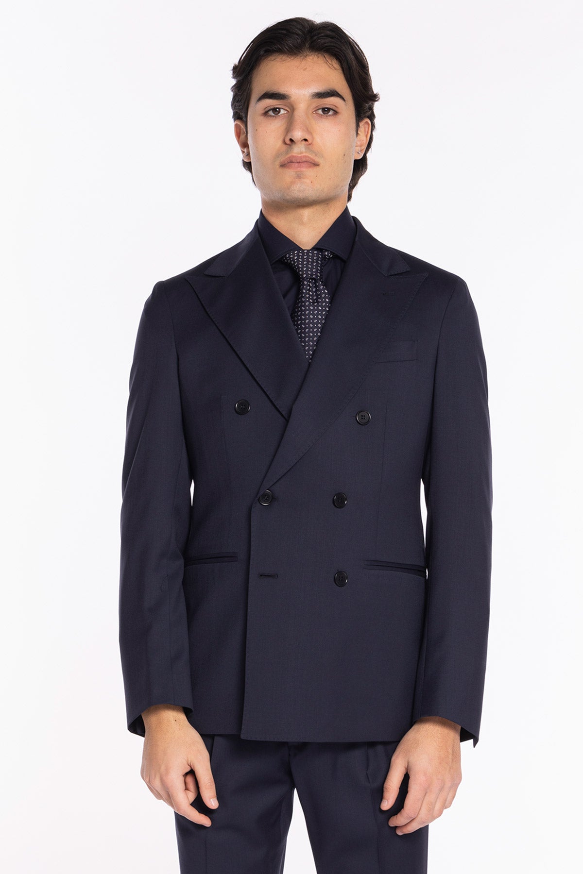 Giacca uomo doppiopetto blu scuro fresco lana super 130's Bristol Tessuti Napoli rever a lancia