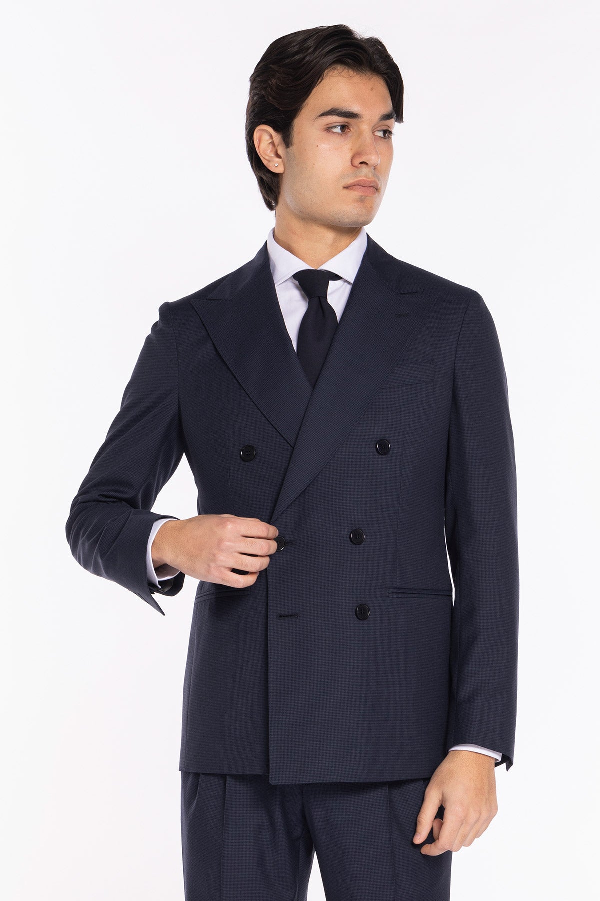 Abito uomo doppiopetto blu pied de poule in fresco lana super 120's Holland &amp; Sherry rever a lancia larga