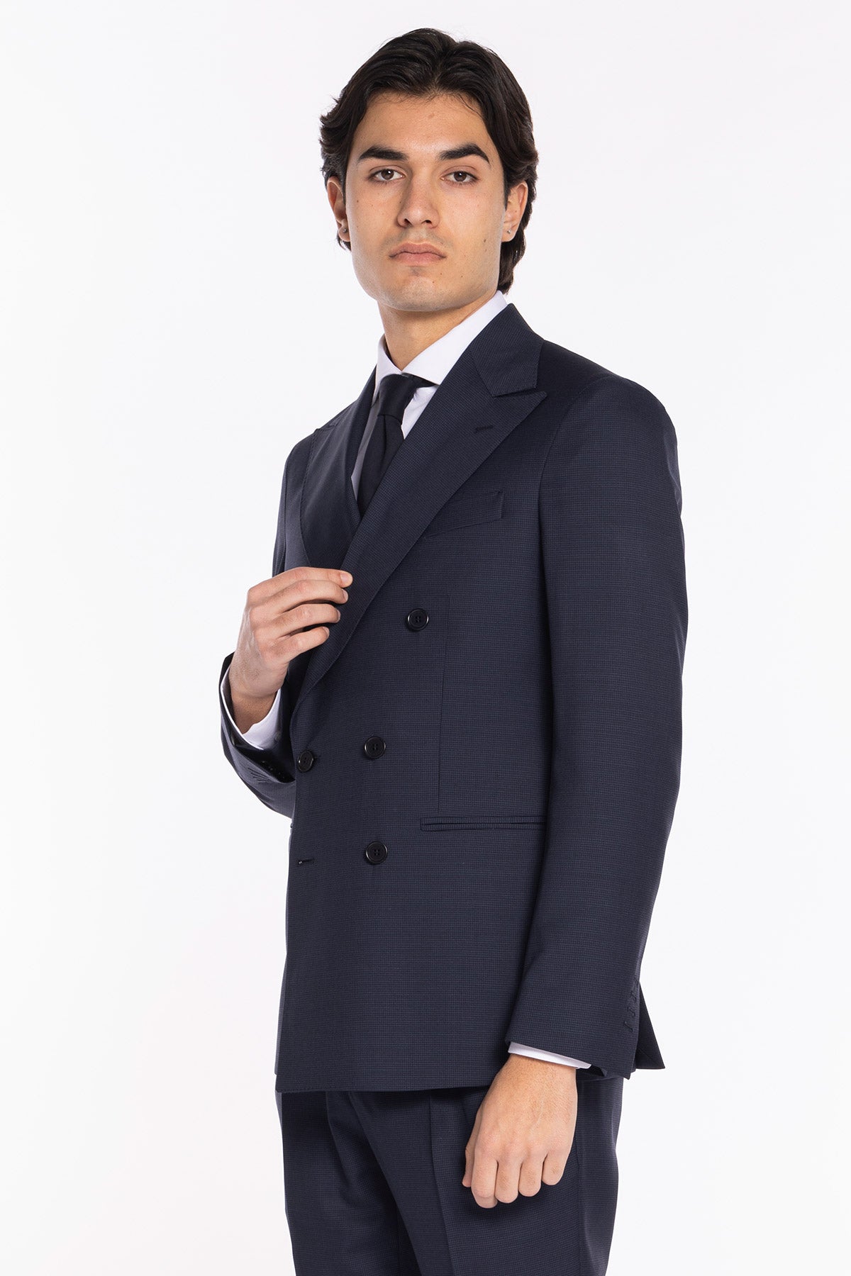Giacca uomo doppiopetto blu pied de poule in fresco lana super 120's Holland & Sherry rever a lancia larga