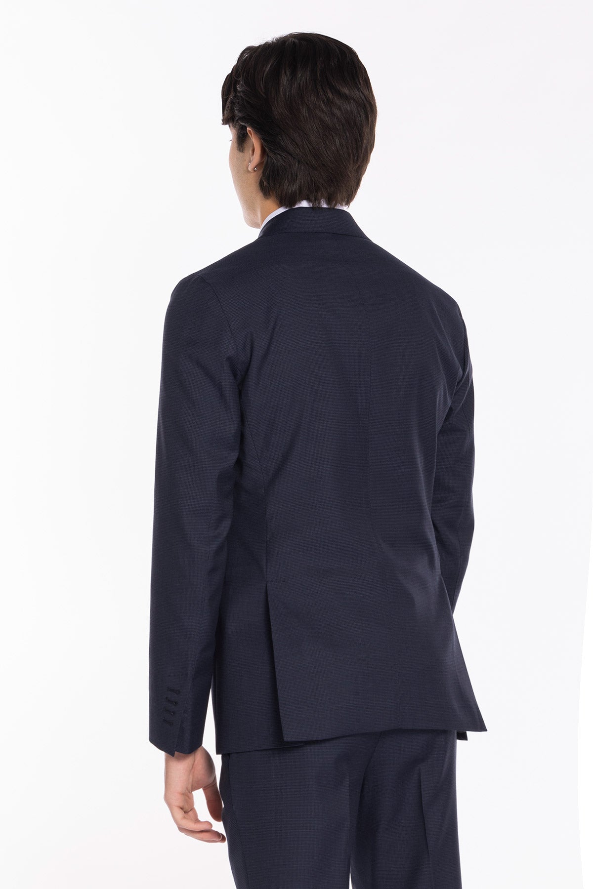 Abito uomo doppiopetto blu pied de poule in fresco lana super 120's Holland & Sherry rever a lancia larga