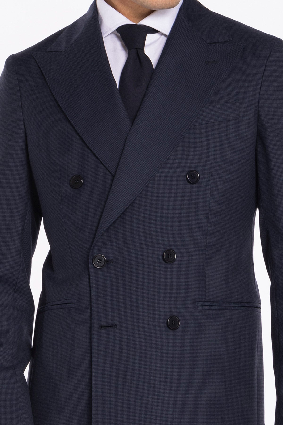 Abito uomo doppiopetto blu pied de poule in fresco lana super 120's Holland & Sherry rever a lancia larga