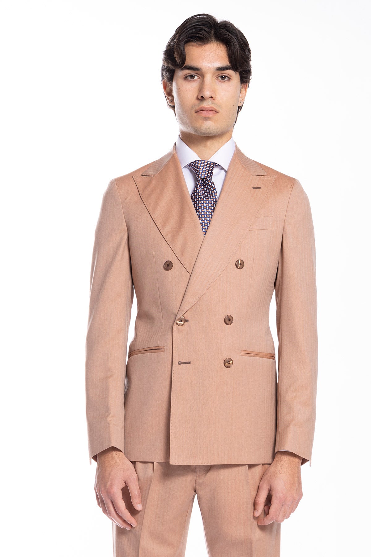 Giacca uomo doppiopetto Pesca Solaro fresco lana super 100's e seta Holland &amp; Sherry Rever a lancia