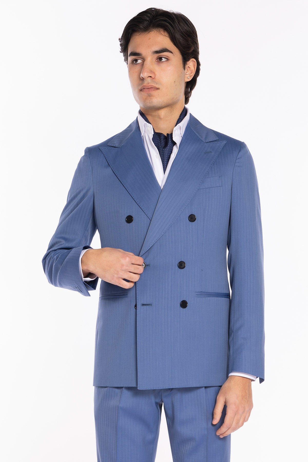 Giacca uomo Doppiopetto Celeste Solaro fresco lana super 100's e seta Holland & Sherry Rever a lancia