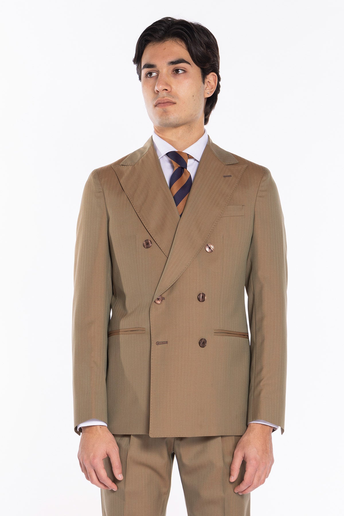 Giacca uomo Doppiopetto fango Solaro fresco lana super 100's e seta Holland & Sherry Rever a lancia