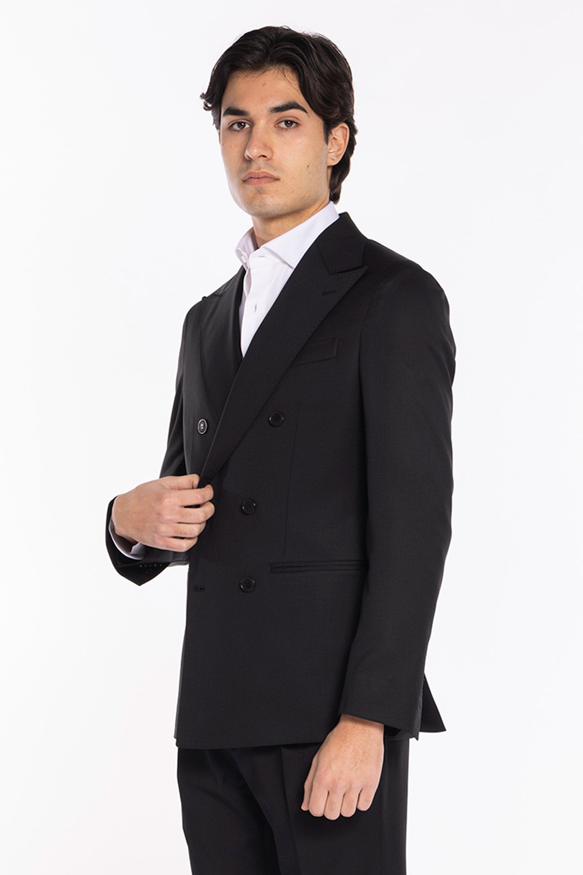 Giacca uomo doppiopetto nera fresco lana super 130's Vitale Barberis Canonico Rever a lancia