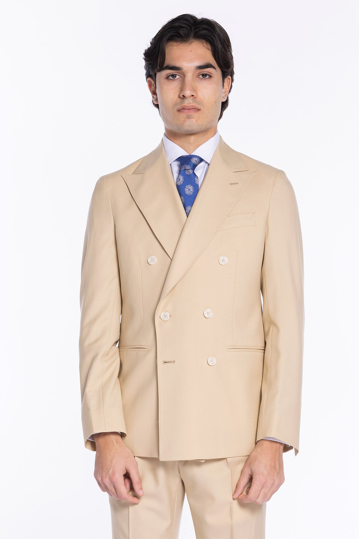 Giacca uomo doppiopetto Beige fresco lana super 140's Holland & Sherry Rever a lancia