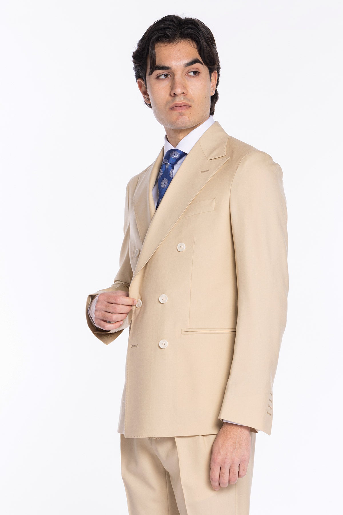 Giacca uomo doppiopetto Beige fresco lana super 140's Holland & Sherry Rever a lancia