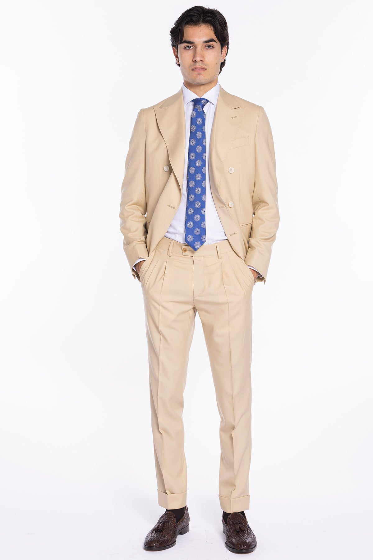 Giacca uomo doppiopetto Beige fresco lana super 140's Holland & Sherry Rever a lancia
