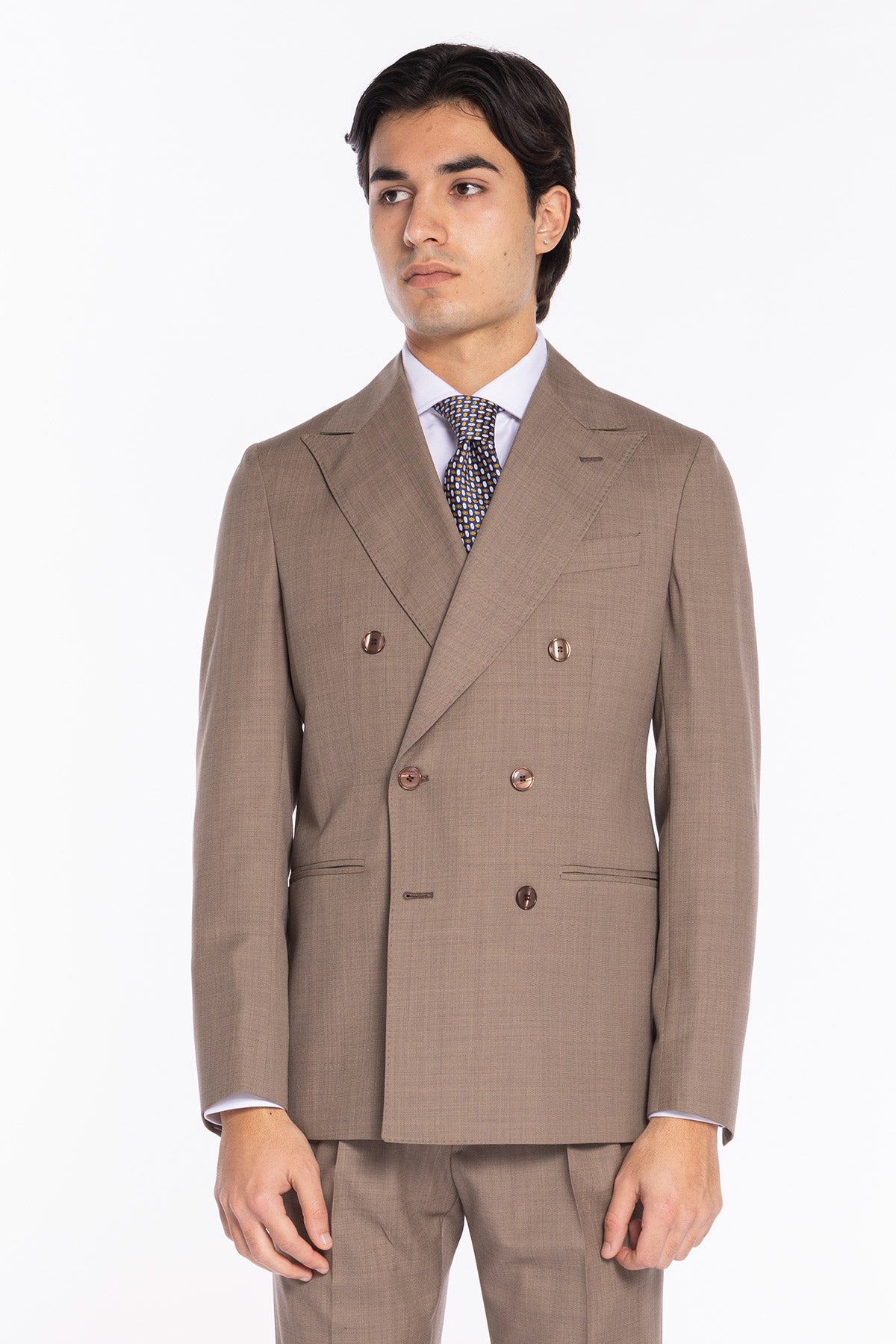 Giacca uomo doppiopetto fango fresco lana super 120's Holland & Sherry Rever a lancia