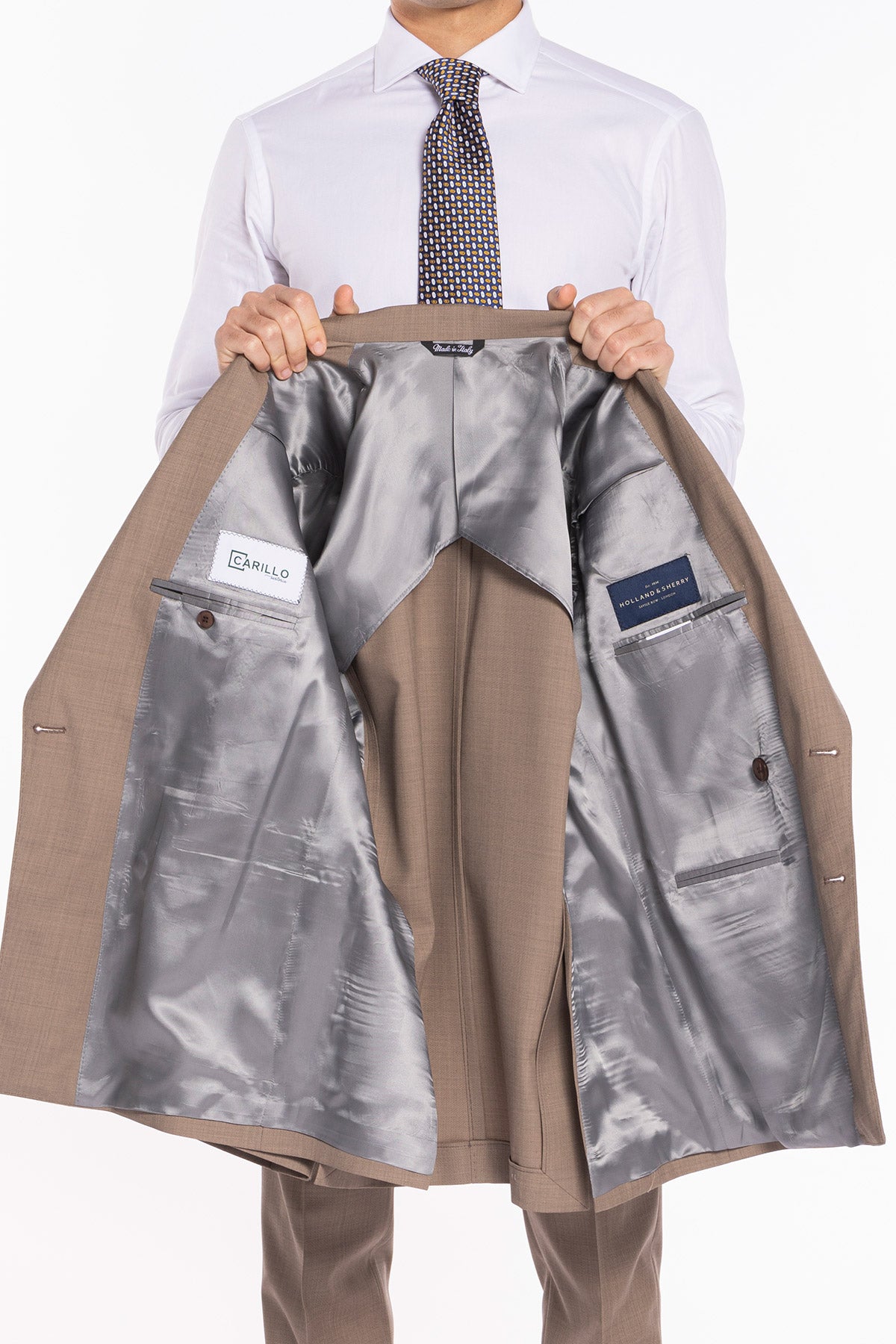 Giacca uomo doppiopetto fango fresco lana super 120's Holland & Sherry Rever a lancia