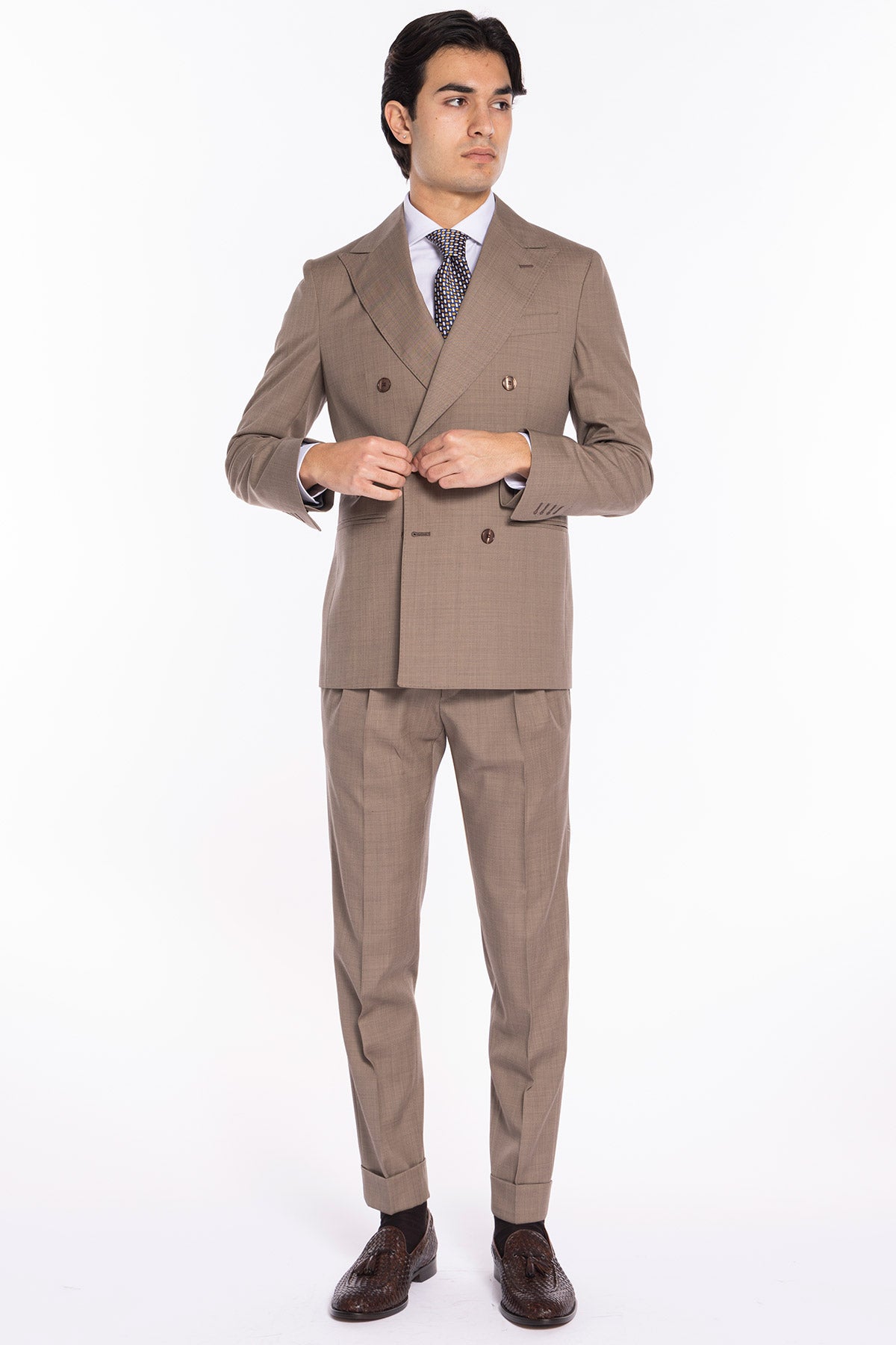 Giacca uomo doppiopetto fango fresco lana super 120's Holland & Sherry Rever a lancia