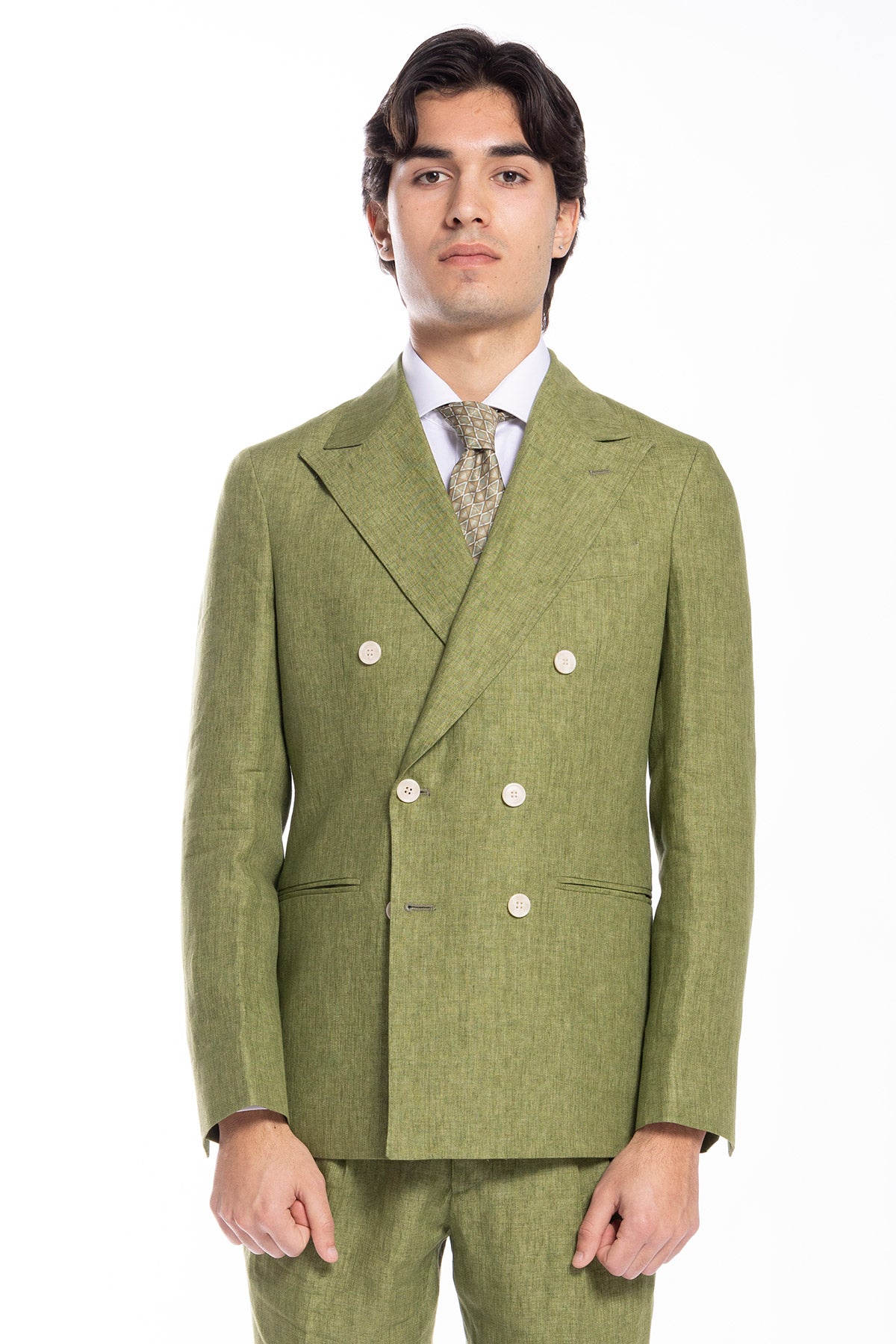 Giacca uomo doppiopetto verde 100% lino Bristol Tessuti Napoli rever a lancia