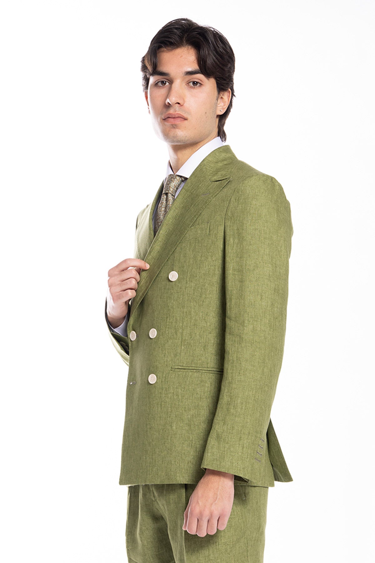 Giacca uomo doppiopetto verde 100% lino Bristol Tessuti Napoli rever a lancia