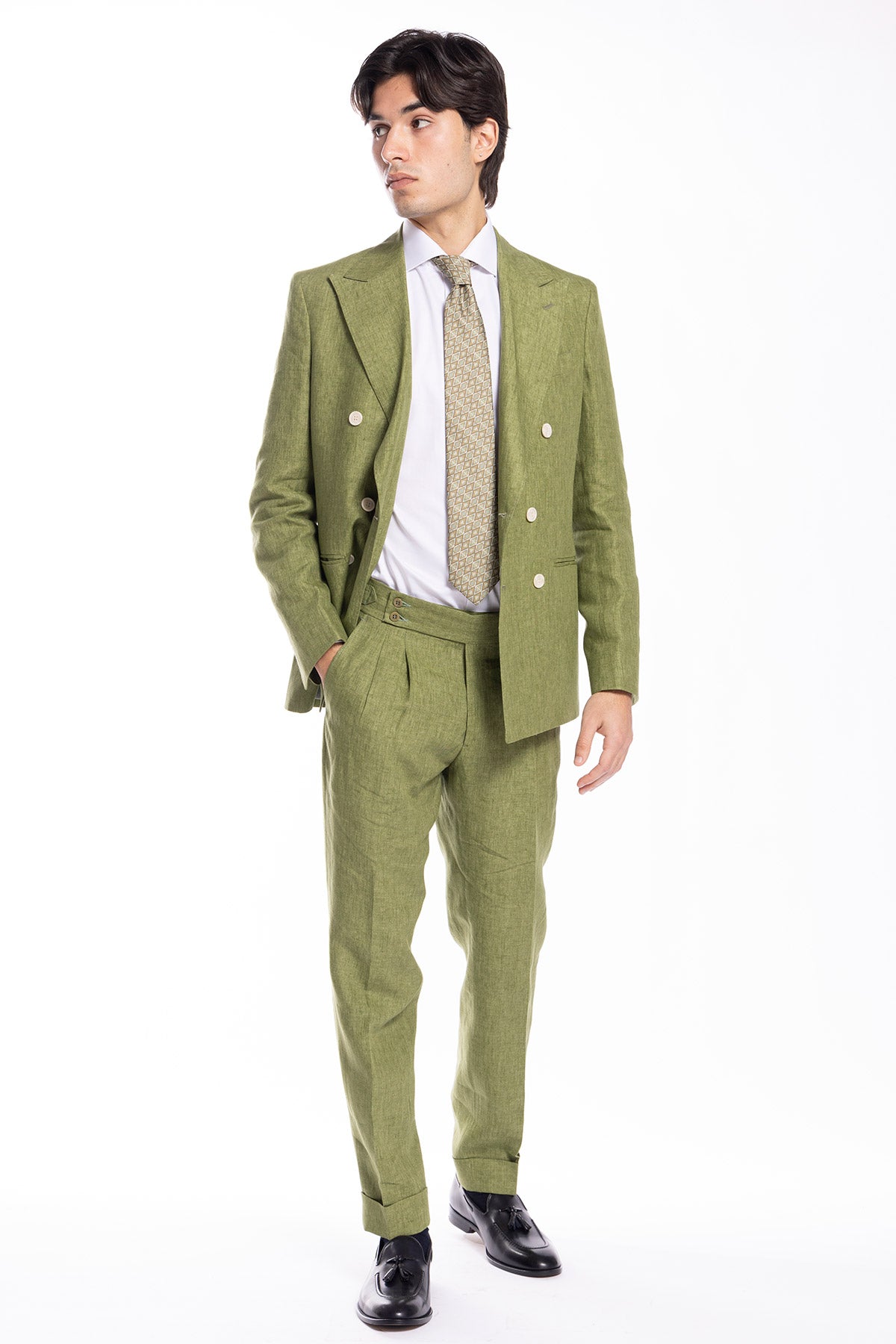 Giacca uomo doppiopetto verde 100% lino Bristol Tessuti Napoli rever a lancia
