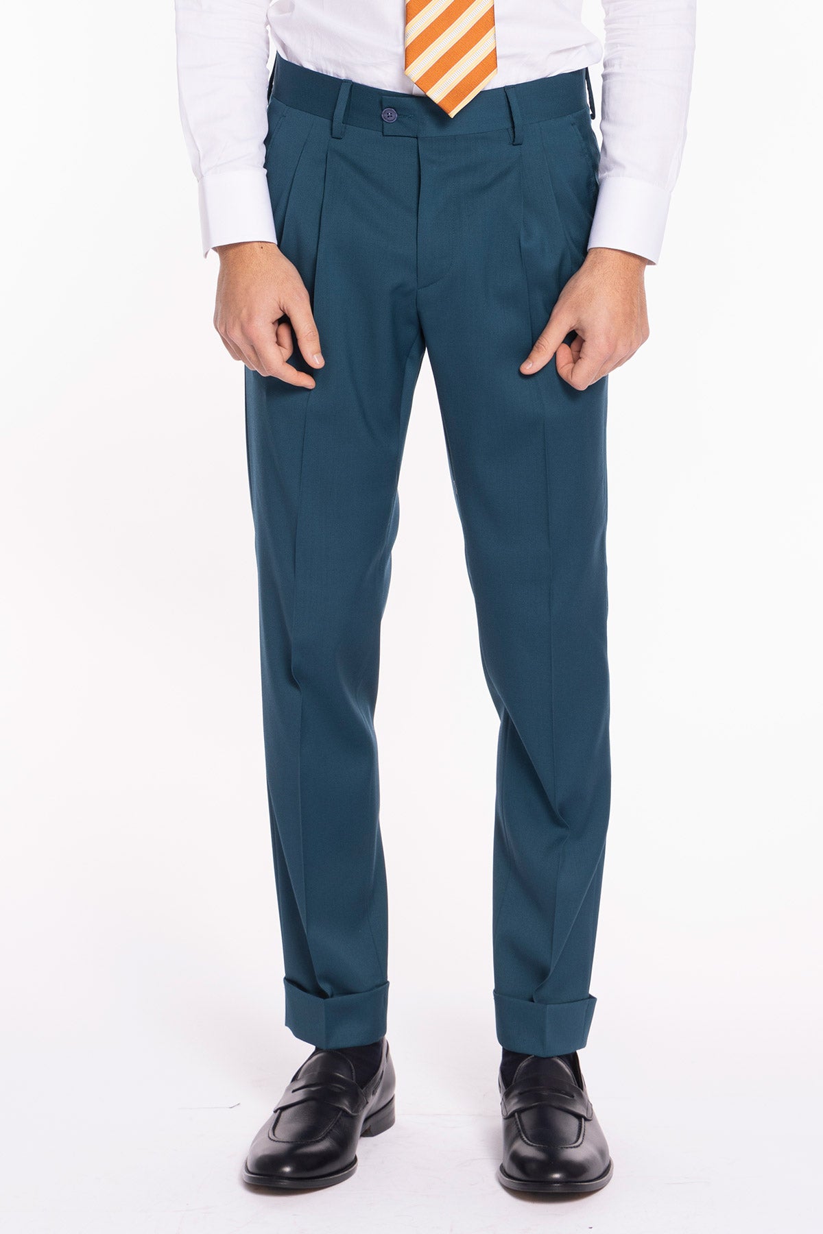 Pantalone uomo verde petrolio in fresco lana super 130's Bristol tessuti Napoli vita alta doppia pinces e risvolto 5cm