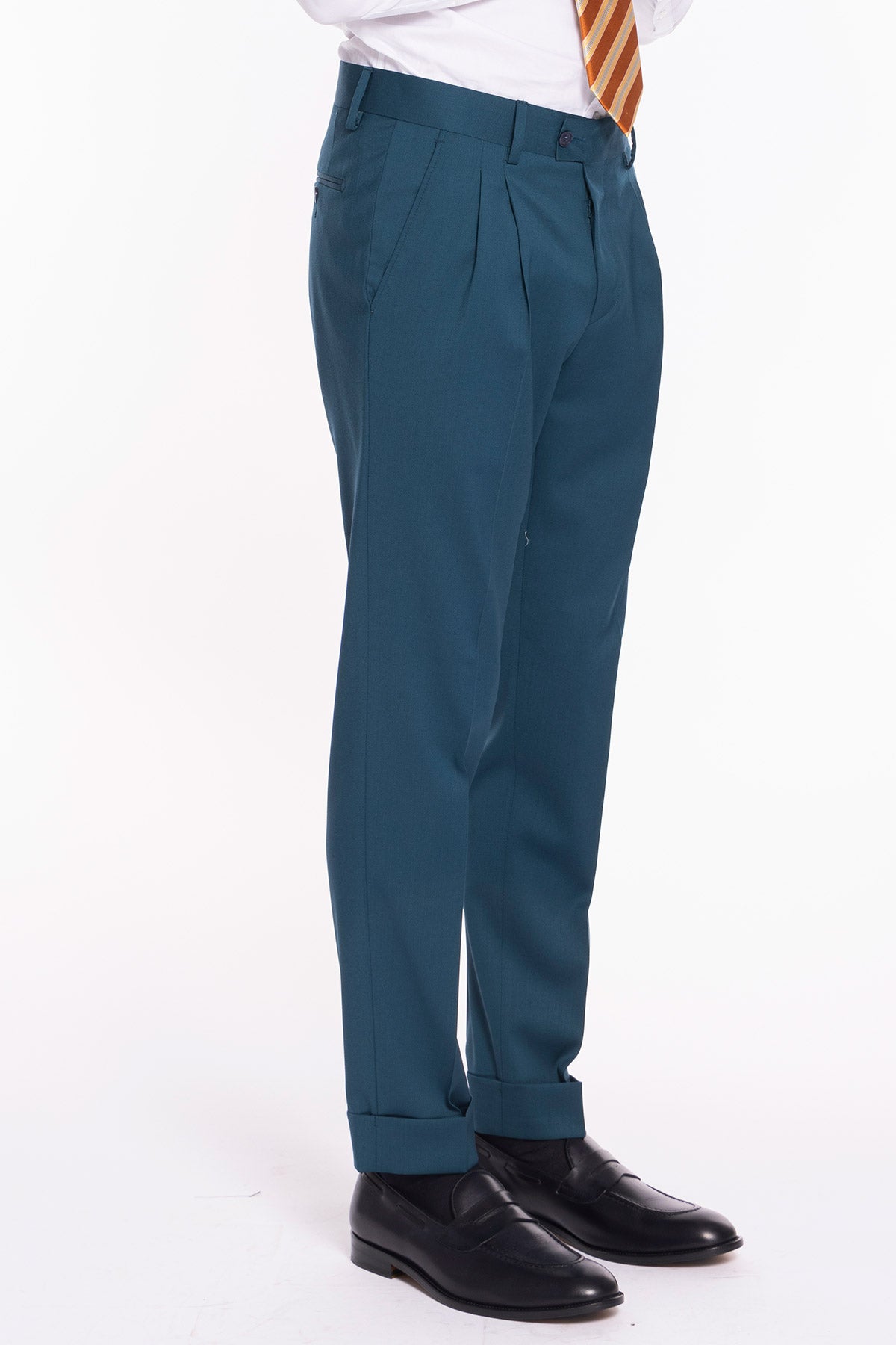 Pantalone uomo verde petrolio in fresco lana super 130's Bristol tessuti Napoli vita alta doppia pinces e risvolto 5cm