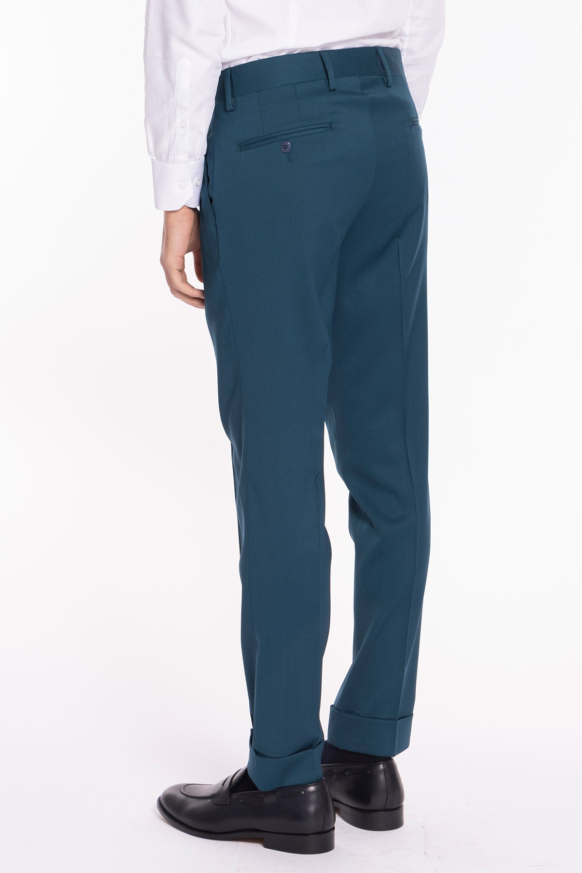Pantalone uomo verde petrolio in fresco lana super 130's Bristol tessuti Napoli vita alta doppia pinces e risvolto 5cm