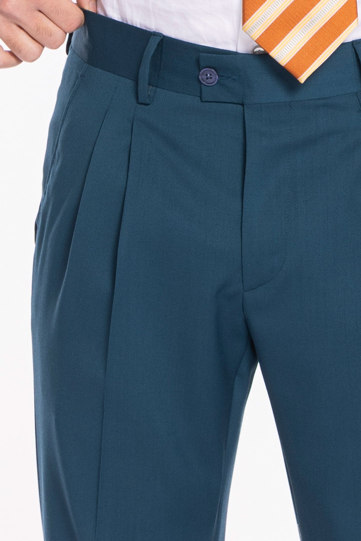 Pantalone uomo verde petrolio in fresco lana super 130's Bristol tessuti Napoli vita alta doppia pinces e risvolto 5cm