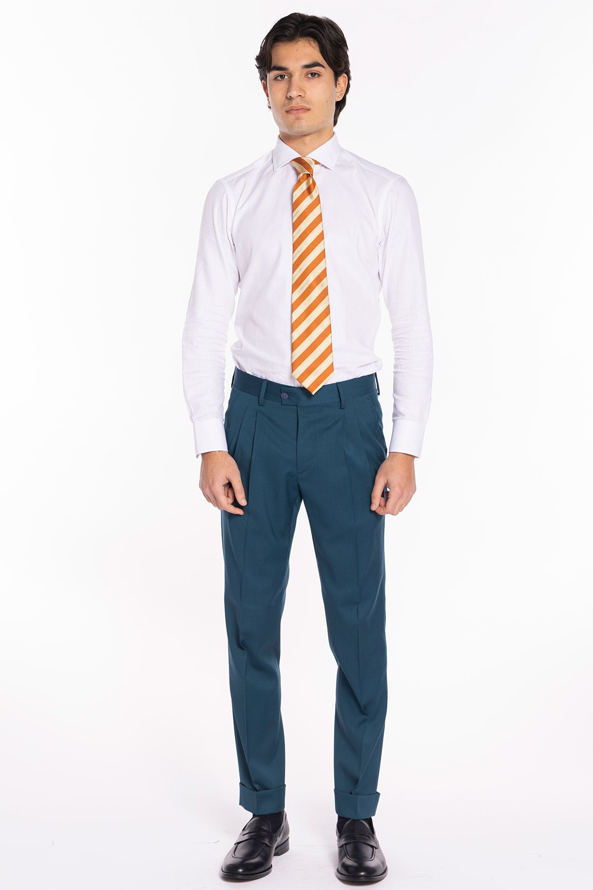 Pantalone uomo verde petrolio in fresco lana super 130's Bristol tessuti Napoli vita alta doppia pinces e risvolto 5cm