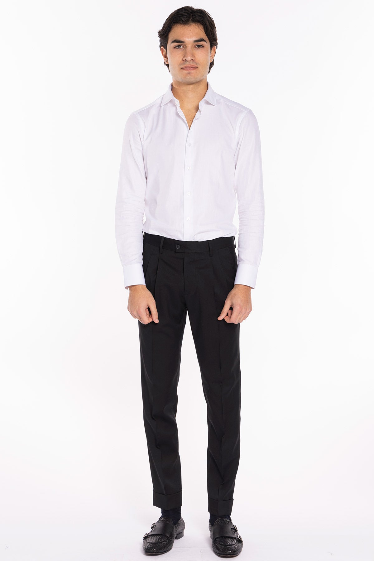 Pantalone uomo nero vita alta doppia pinces in fresco lana super 130's Vitale Barberis Canonico