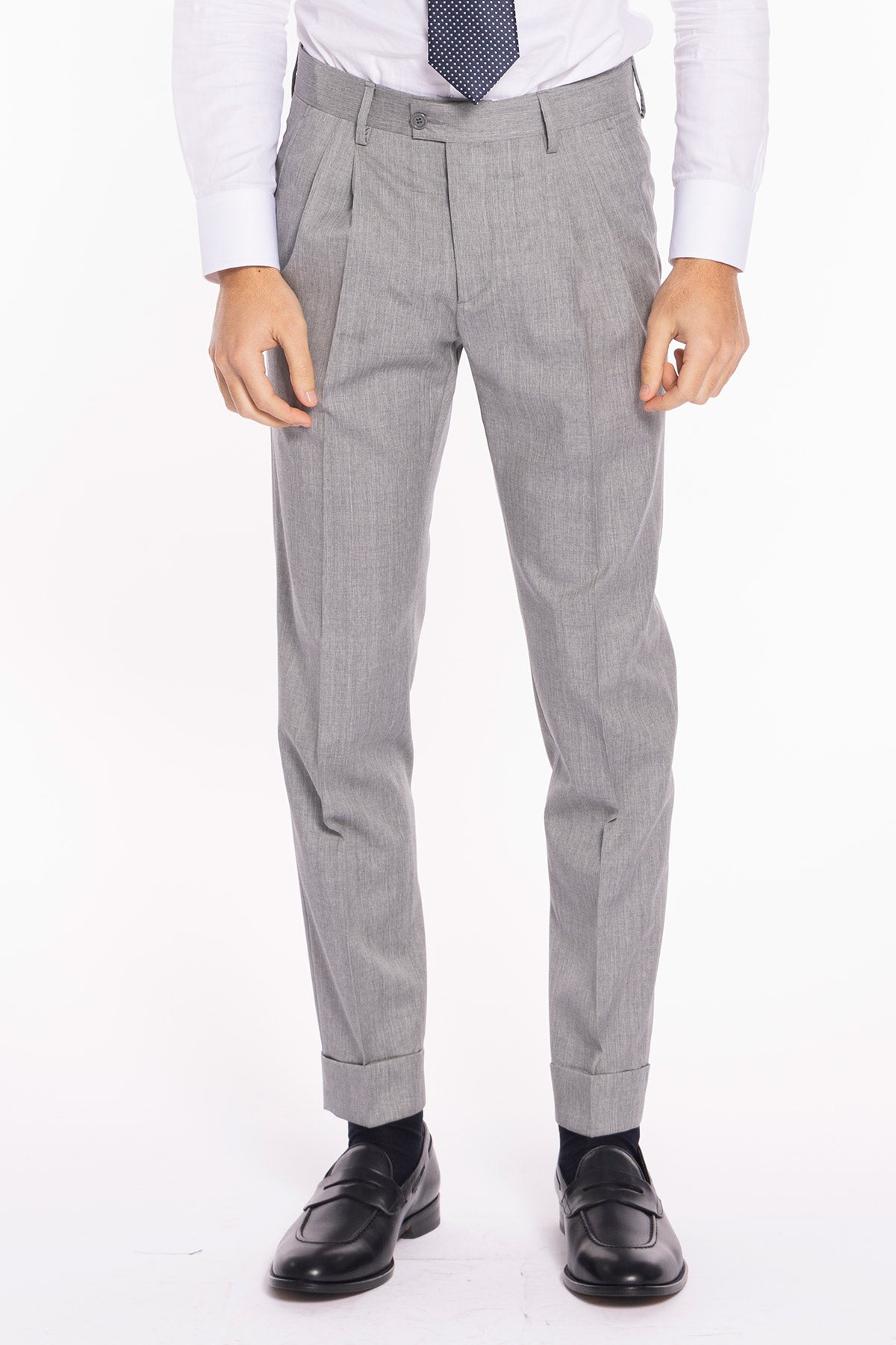 Pantalone uomo grigio chiaro fresco lana Vitale Barberis vita alta con 2 pinces e risvolto 5cm